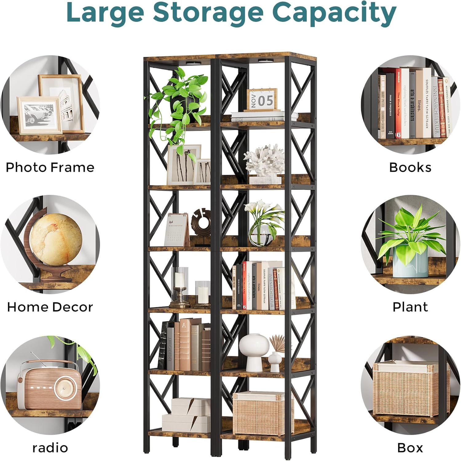 (コンデモ) 78.7インチ エクストラトール ナロー本棚 LEDライト付き 7段スキニー本棚 小さなスペース用 自立型ディスプレイ
