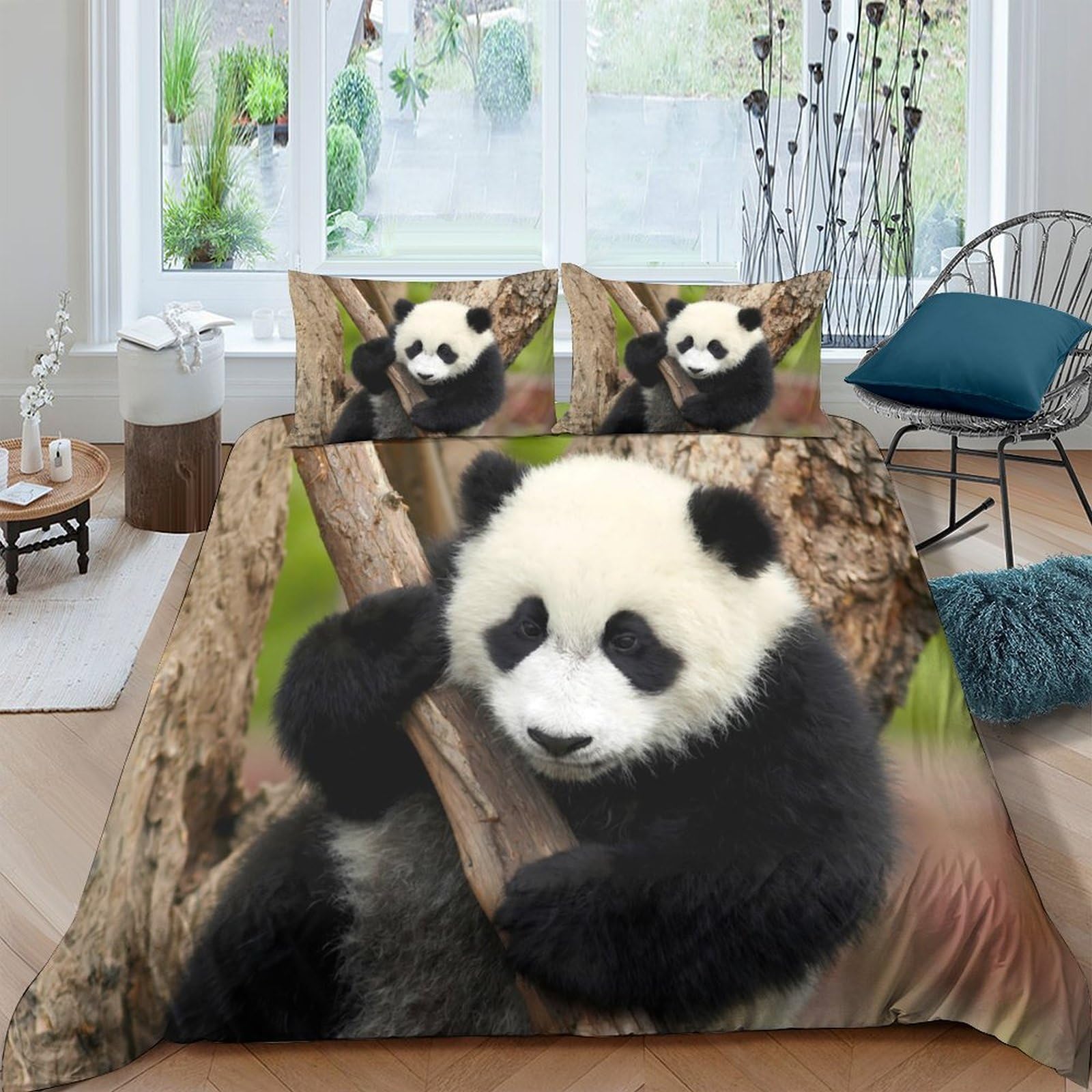 TUFRTGYHN 3D Printed Panda Tree Duvet Cover Microfiber Soft Breathable Panda Forest Bedding Set with 2 Pillowcases for Bedroom Decor, 100-120cm Single（135x200cm）