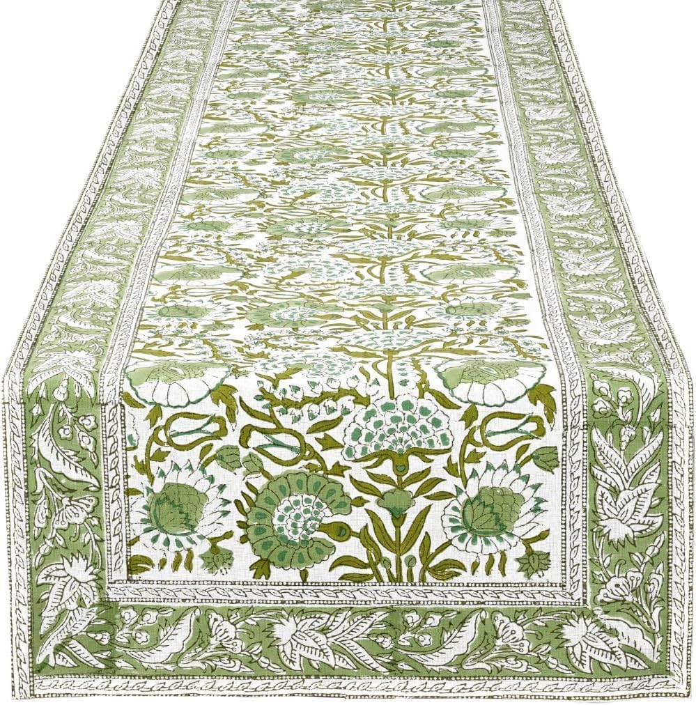 CPC Cotton Table Runner 16x90 Inch Block Printed Long Fall Table Runner for Dining Table, Card Table, Coffee Table, Wedding, Farmhouse & Outdoor Barbeque-Agate Green