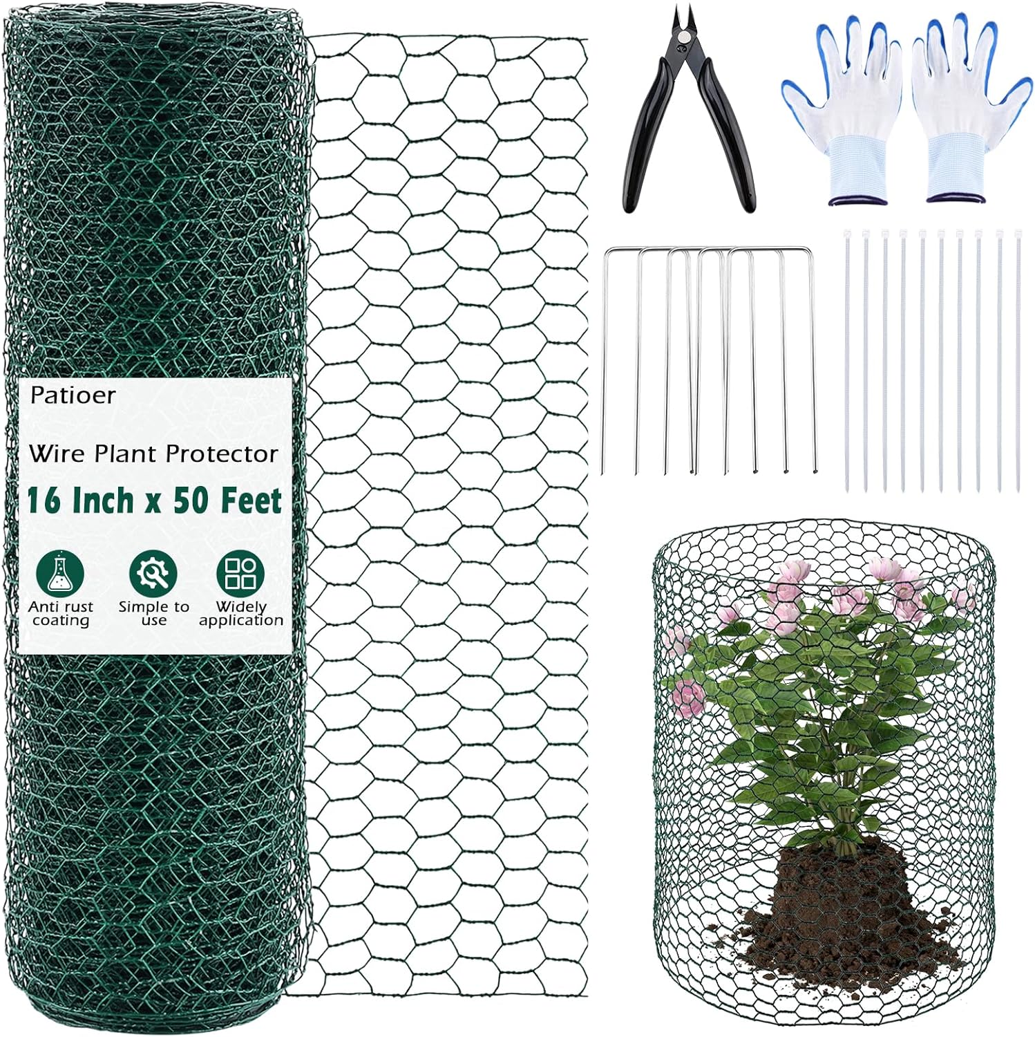 16IN x 50Ft Plant Protectors from Animals, Wire Plant Cages for Outdoor, Chicken Wire Mesh Cloche with Plier Ground Stakes Gloves & Nylon Ties
