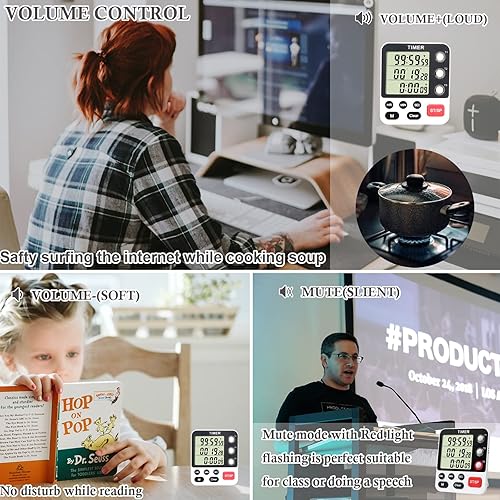 Vista 6 de Temporizador digital de cocina de 3 canales múltiples con cronómetro grande de cuenta LCD hacia arriba y apagado temporizador para enseñar lectura