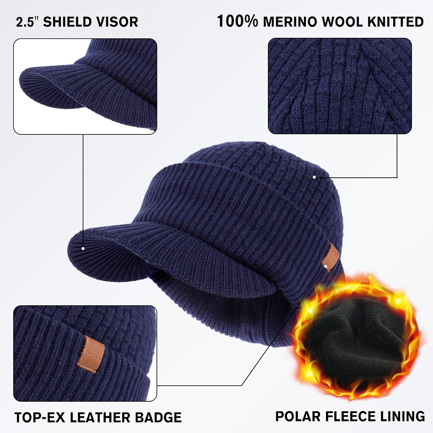 TOP-EX PolarWool™ 100% Merino Wool Winter Hat for Men Fleece Lined Visor Beanie with Brim Outdoor Knit Cap for Cold Weather - Image 9