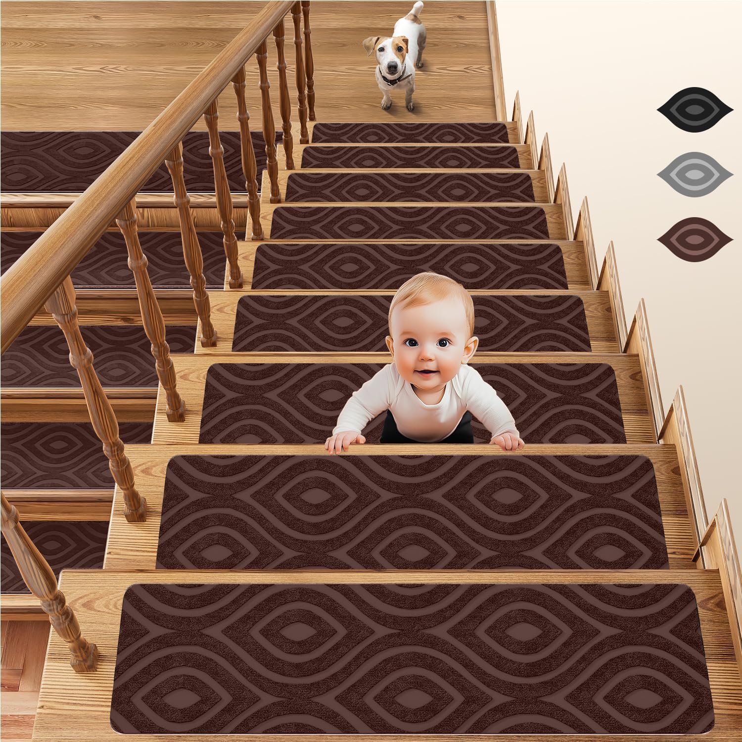 JIABOOK Stair Treads for Wooden Steps 8" X 30" / 20cm*76cm,Self Adhesive Treads for Stair treads Non Slip Indoor,Reusable Carpet Stair fit Non Slip Stair treads for Children Elderly and Pets 15 Pack