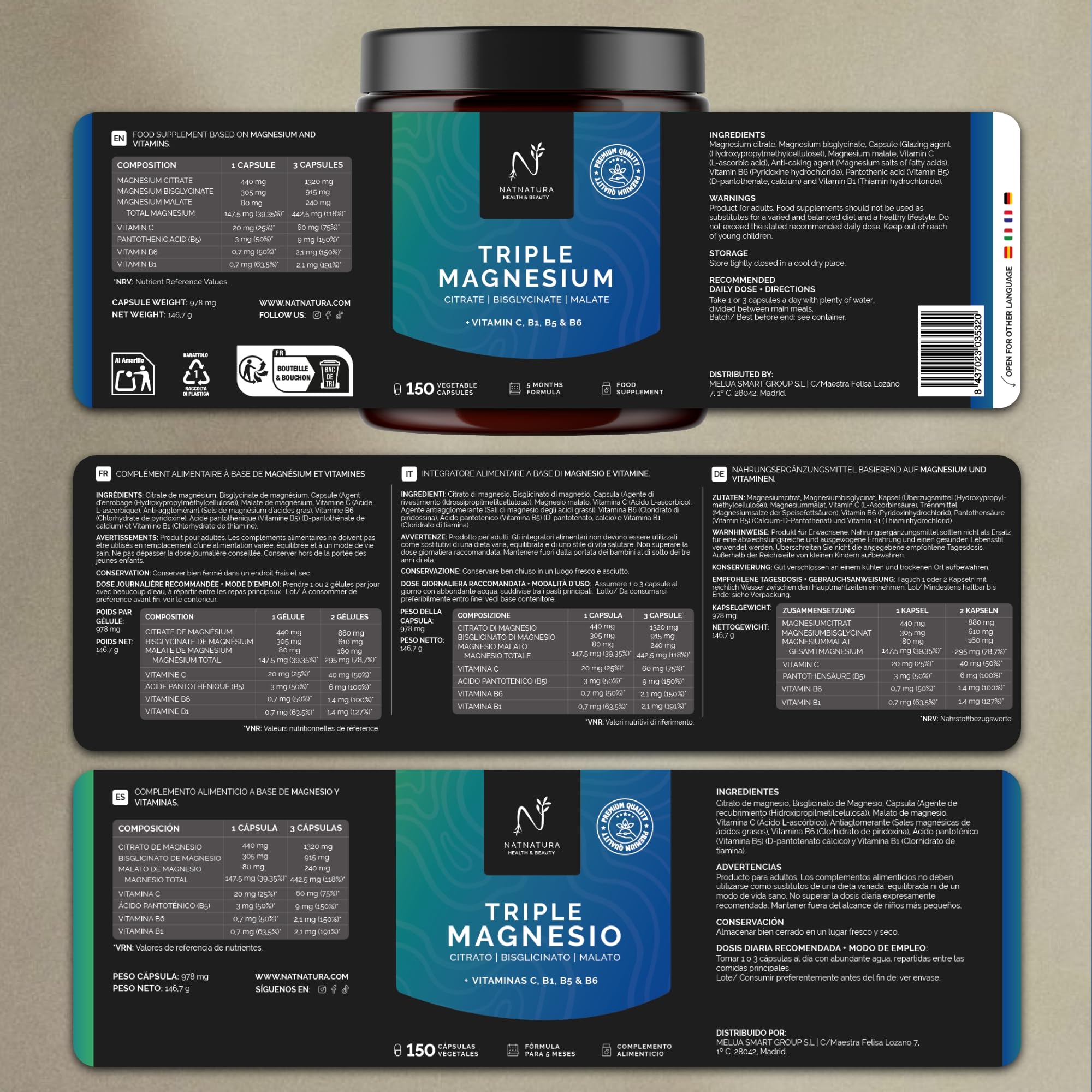 Magnesio Triple – Citrato de magnesio, Bisglicinato y Malato | 442 mg de magnesio elemental por dosis + Vitaminas B1, B5, B6 y C | Antifatiga, Calambres y Recuperación Muscular | 150 cápsulas.