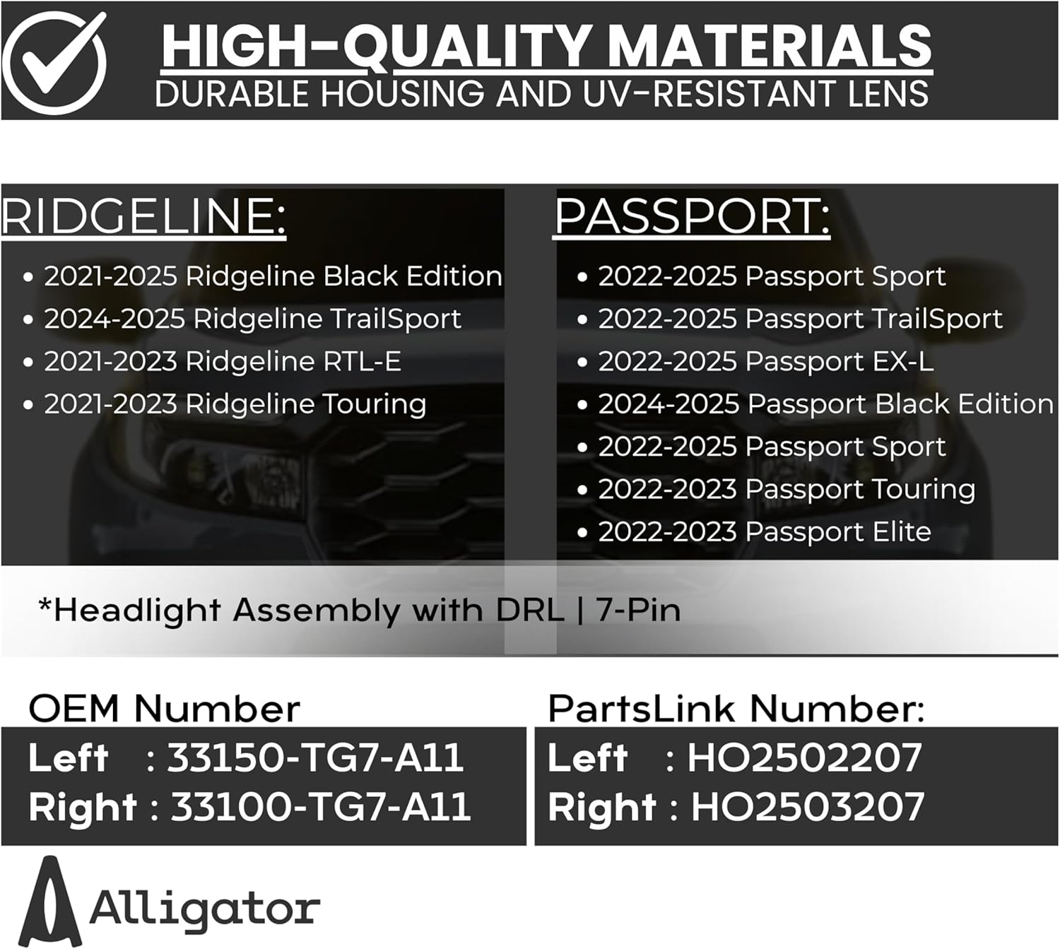 LED Headlight Replacement for Honda Ridgeline, Passport 2021-2025 Headlamp Assembly including Bulbs with DRL for Left/Driver Side, DOT/SAE Compliant | (7-Pin) OEM: 33150-T6Z-A11, HO2502207