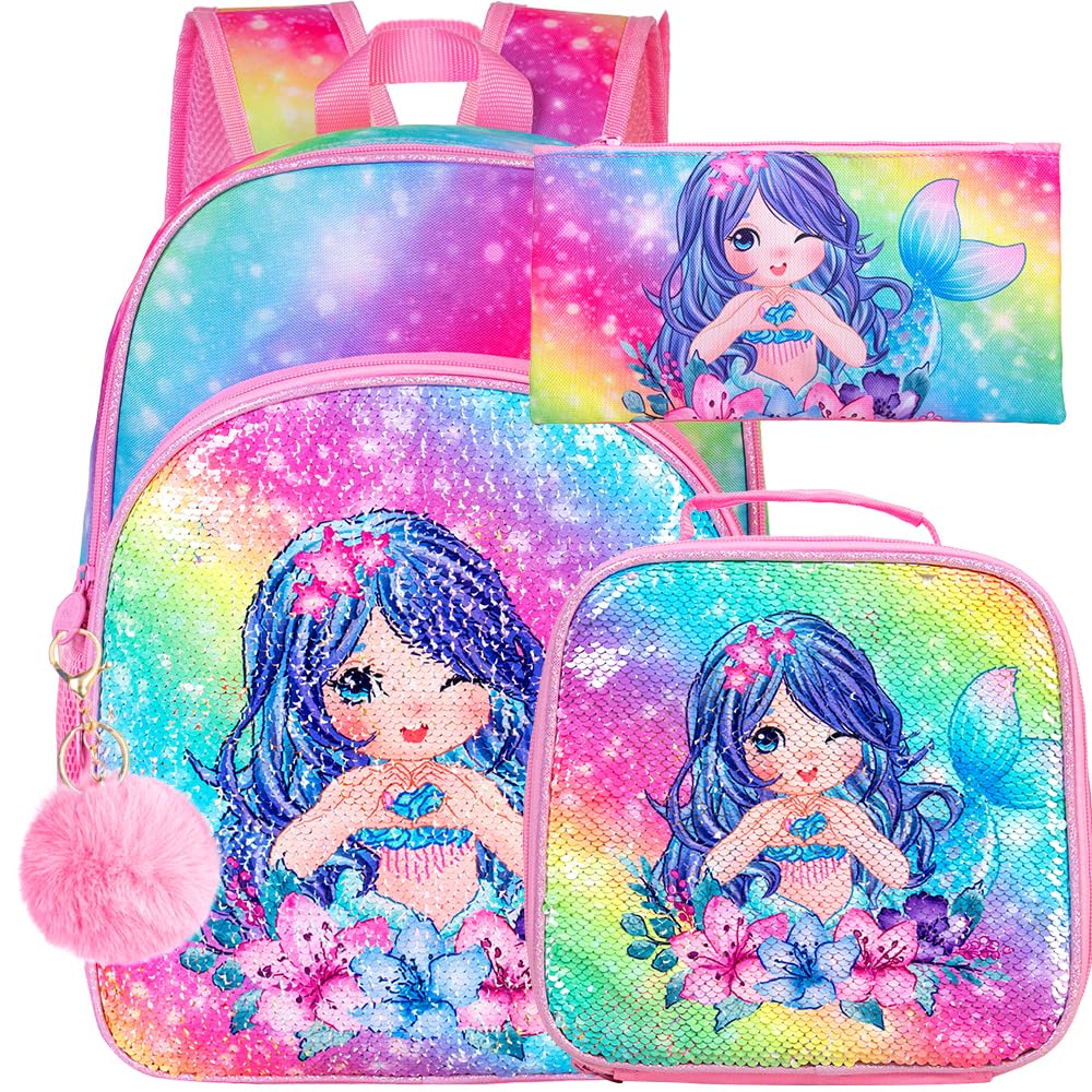 WZLVO Kids Backpack for Girls,Prechool Elementary Kindergarten School Bookbag and Lunch Box Mermaid Blue