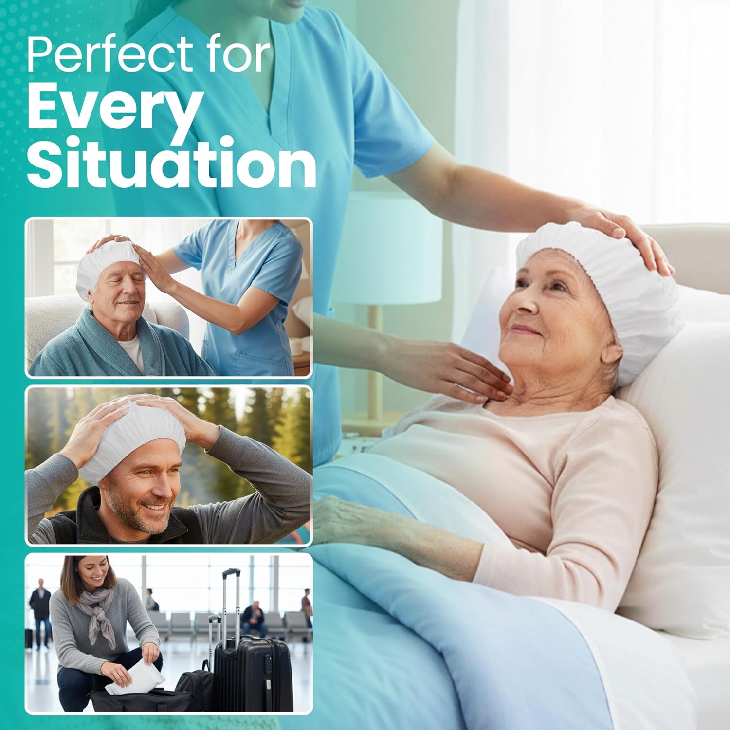 No-Rinse Shampoo & Conditioner Shower Cap, Waterless Hair Washing for Elderly, Bedridden, Hassle-Free Microwavable Hair Washing Cap infused with Aloe & Vitamin E – 12-Pack