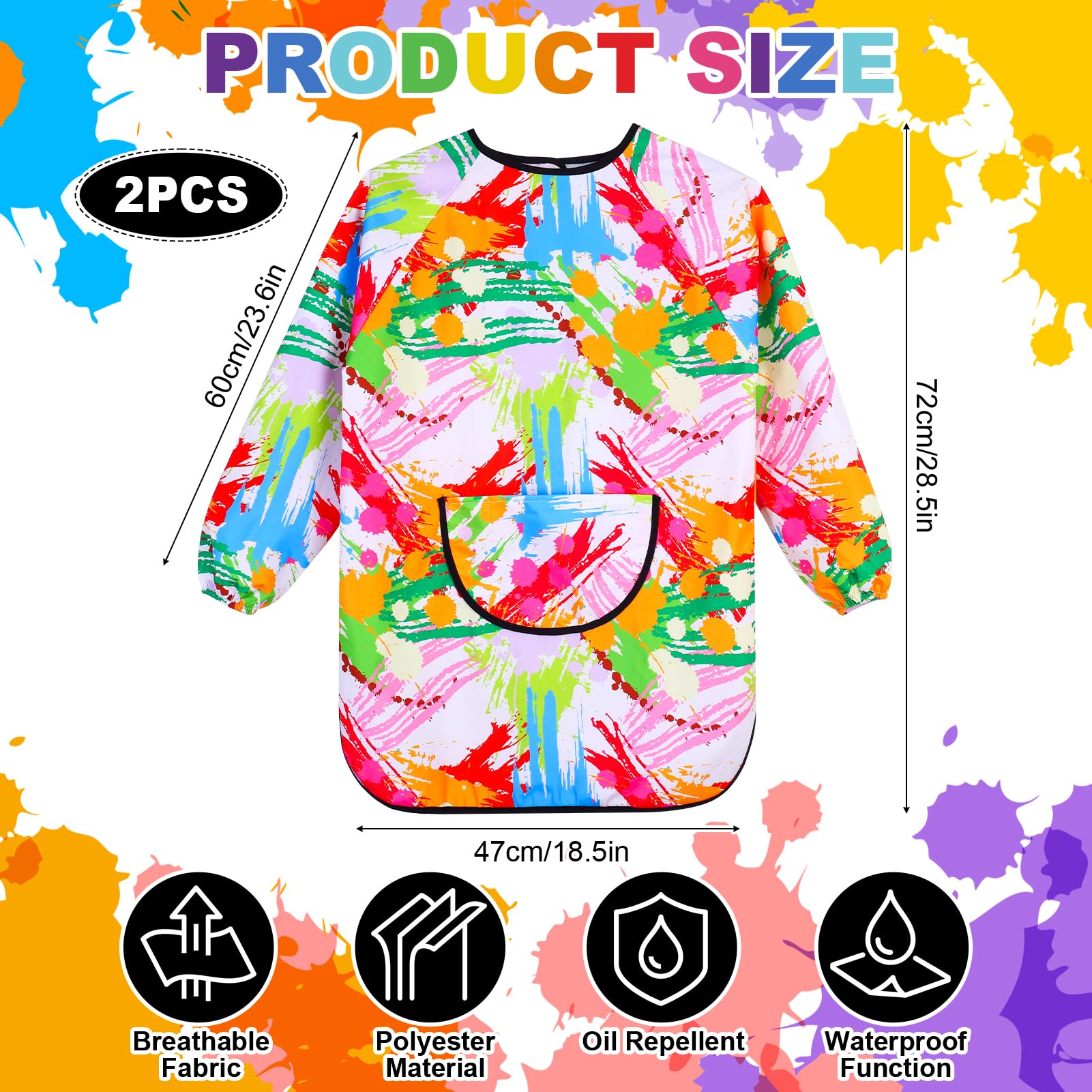 2Pcs Kids Art Aprons for Age 7-12 Years Girls Boys,Waterproof Graffiti Painting Aprons Long Sleeves with Pockets,Kids Painting Smock Toddler Children,Play Apron for Painting,Craft,School,Stripe - Image 4