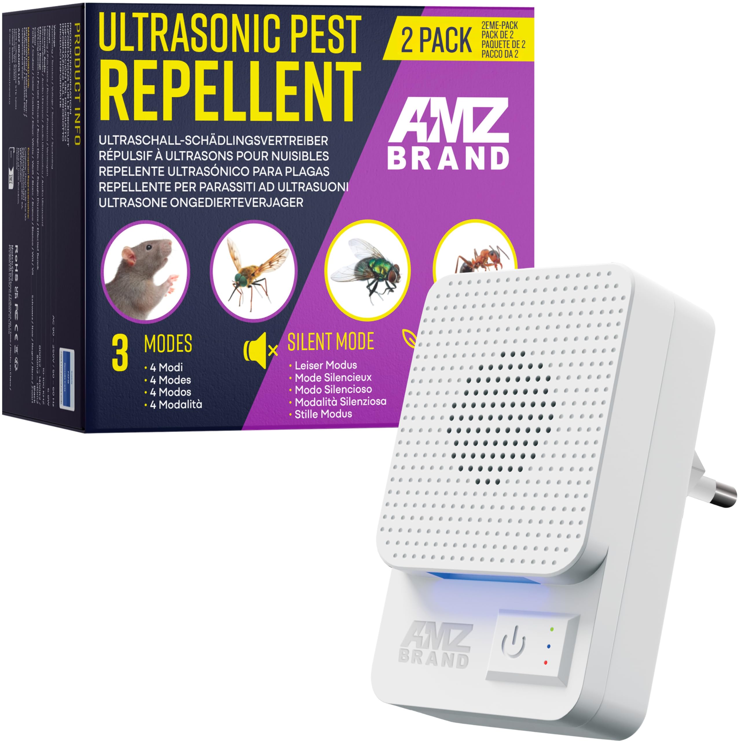 Repellente Ultrasuoni – Confezione da 2 Bianco – Dispositivo Elettronico Antiparassitario – 3 Modalità – Copertura Ampia – Contro Topi, Ratti, Insetti, Scarafaggi e Tarme