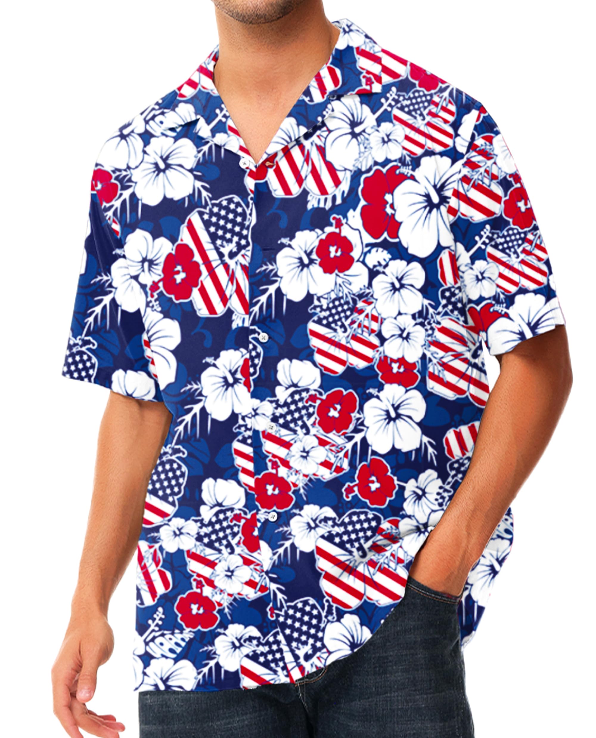 Fourth of July Men Shirts USA Flag Day Button Tops Short Sleeve Patriotic USA Flag Printed Top Flag & Floral XL