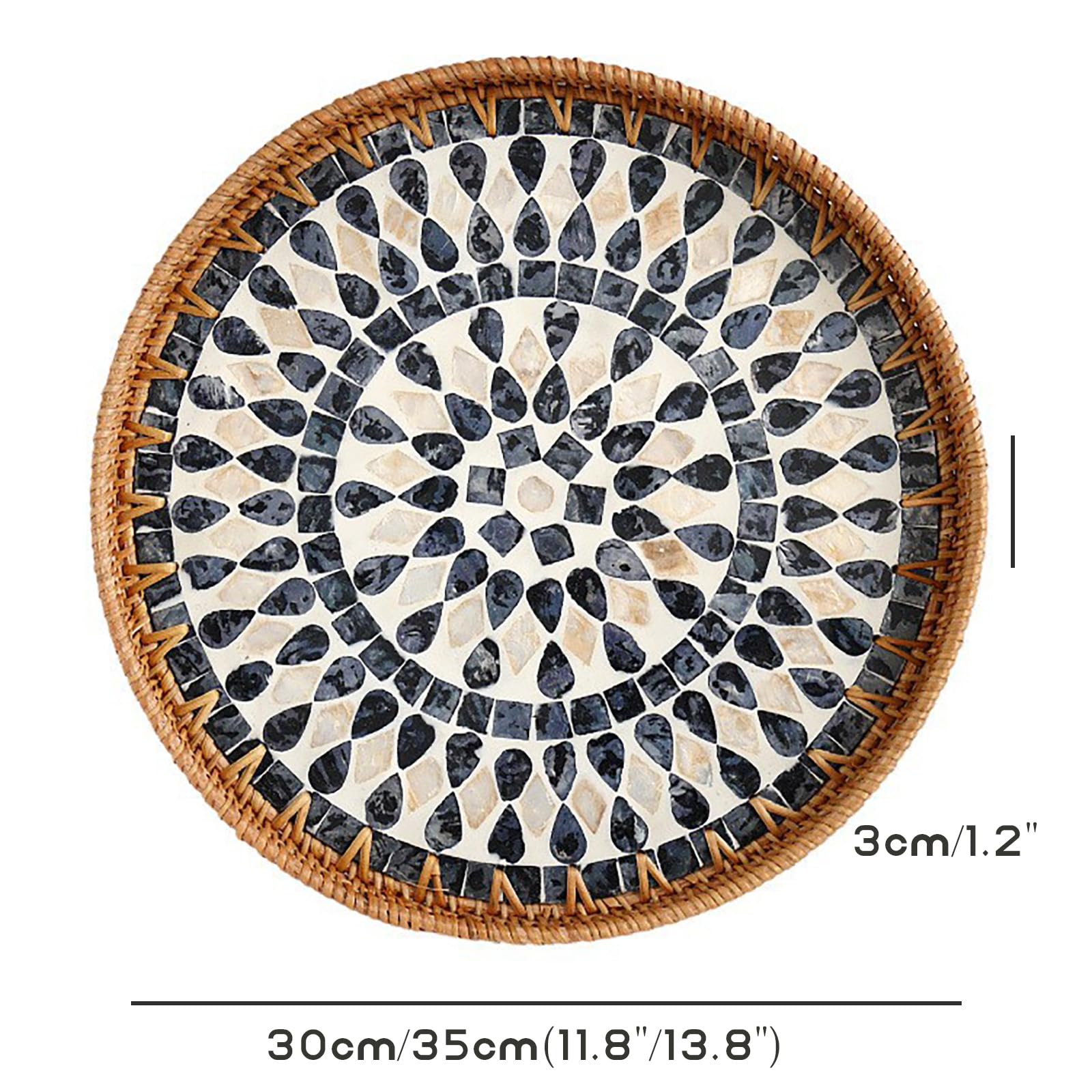 Bandeja redonda de ratán con incrustaciones de nácar, bandeja para servir con decoración bohemia, bandeja redonda de mimbre para decoración del hogar, regalos, cenas,black water droplets-Set of 2