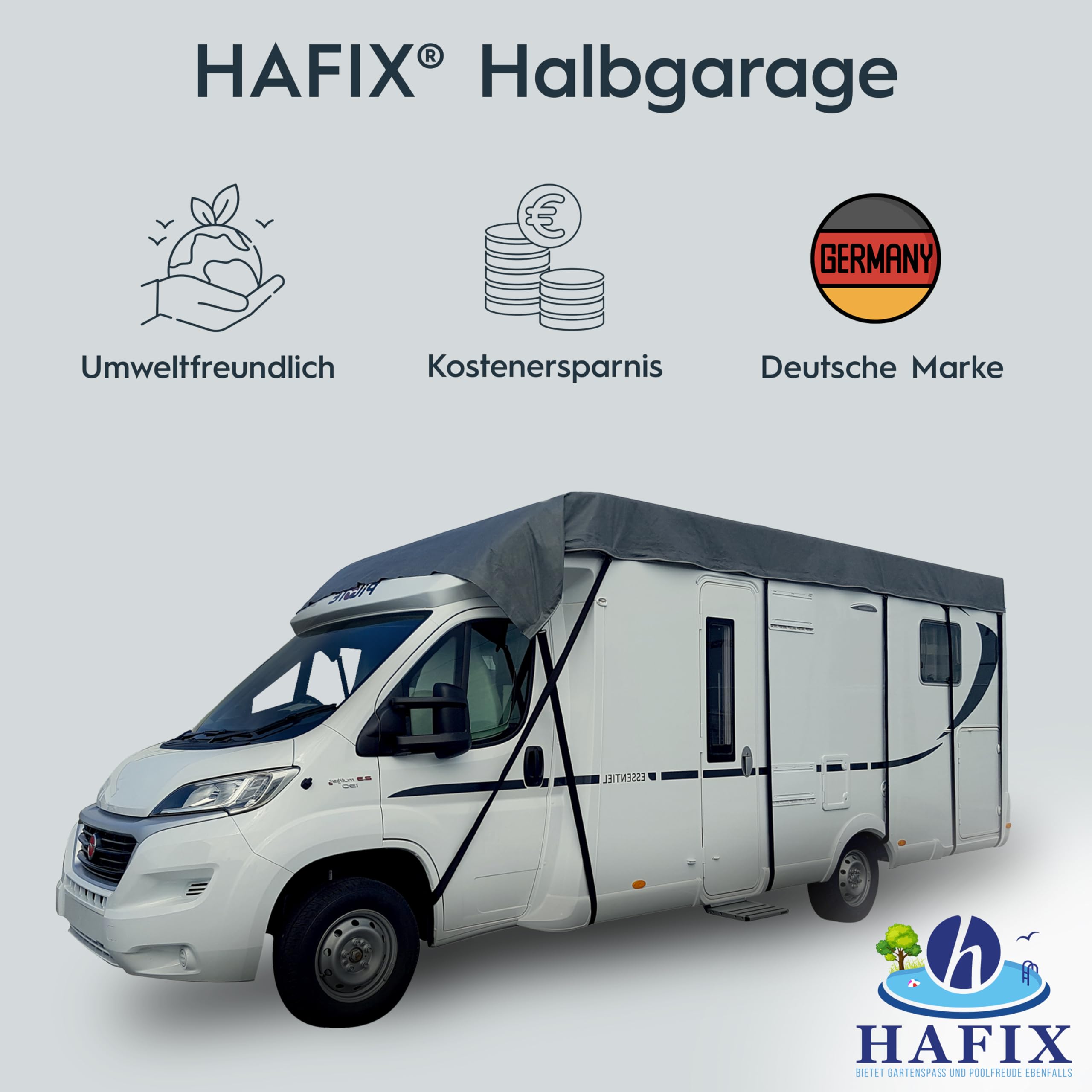 Wohnwagen-Halbgarage 700 x 300 cm, 3-lagig, 155 g/m², grau, Winter | Wetterfeste 3-lagige Halbgarage aus SFS für Regen, Schnee, UV-Strahlung und Hagel; Materialgewicht 155 g/m².