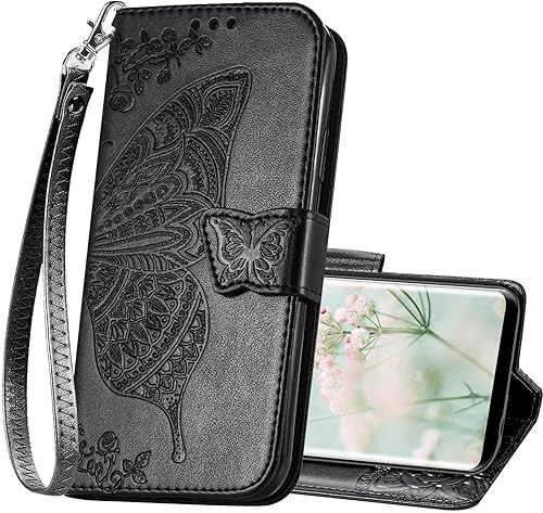 Funda diseñada para Samsung Galaxy S9, de piel sintética, con diseño de mariposa, soporte para tarjetas de crédito, soporte con correa para la