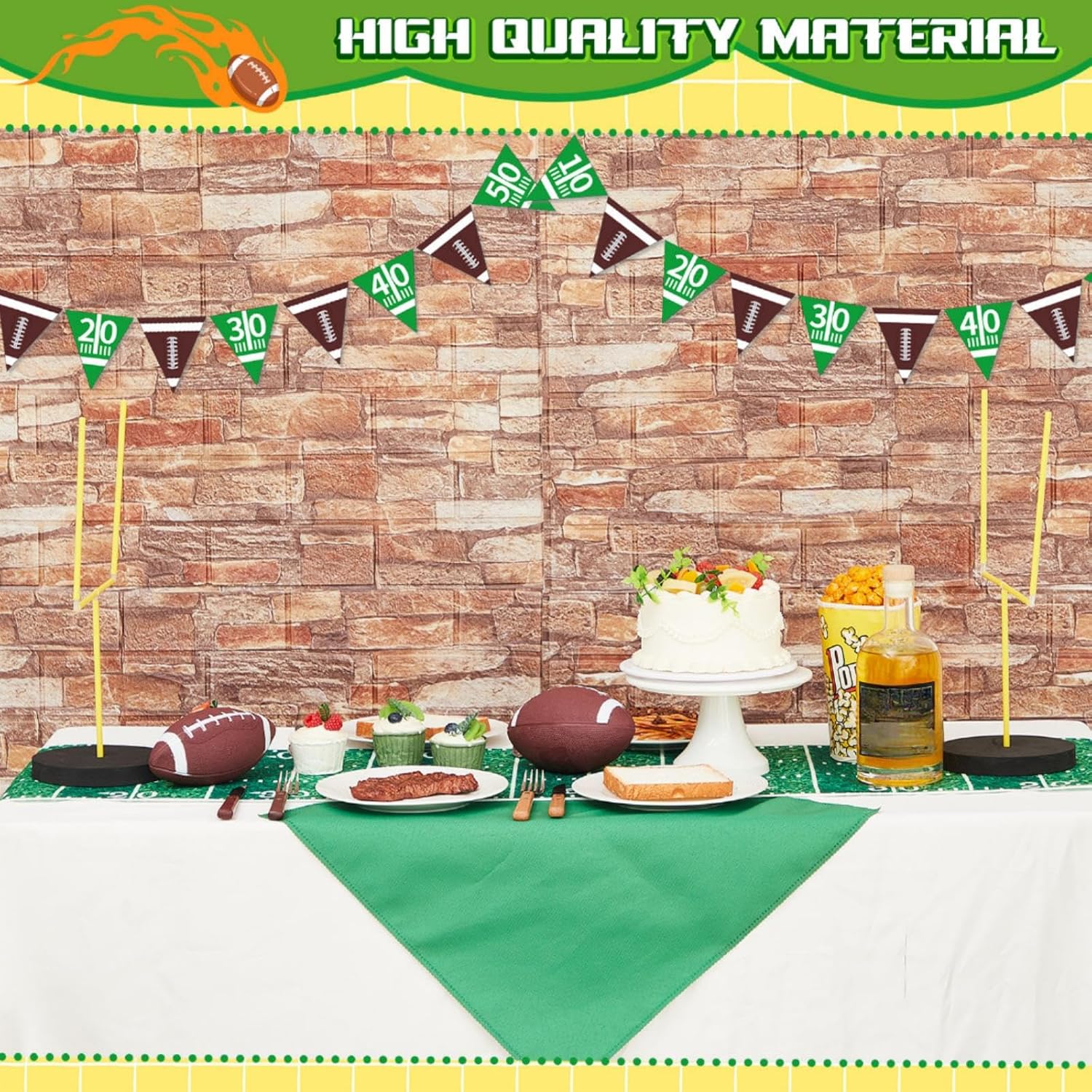 WinnerWhy 9 Pcs Football Party Goal Post Decoration Kit Includes 4 Football Field Goal Post 2 Football Court Table Runner 2 Mini Football 1 Pump for Football Theme Birthday Party Supplies