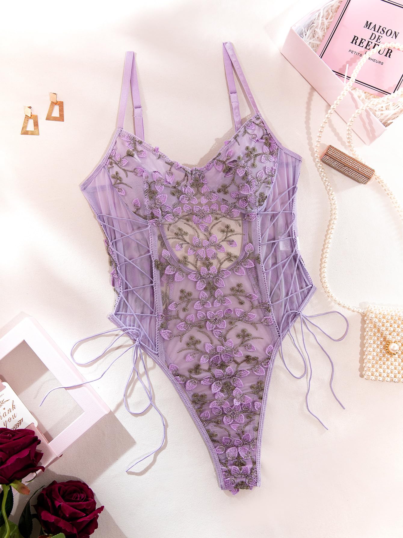 Lilosy Women Sexy Lace Up Floral Embroidered Teddy Lingerie Bodysuit Top Mesh Sheer One Piece: Small Lavender Purple