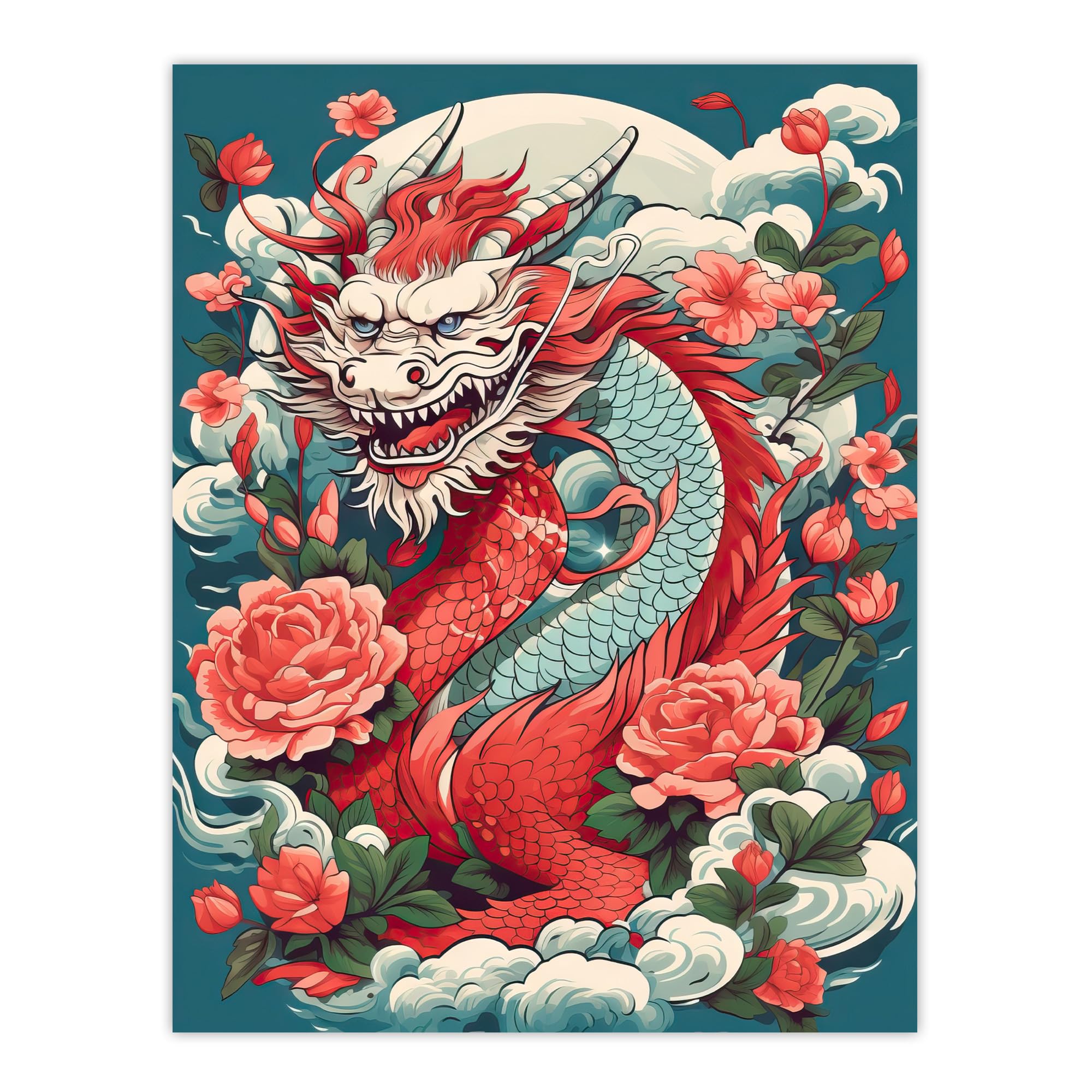 Artery8 Fantasy Horned Dragon Flowers Clouds Scales 2024 Chinese Year Of The Dragon Large Wall Art Poster Print Thick Paper 18X24 Inch