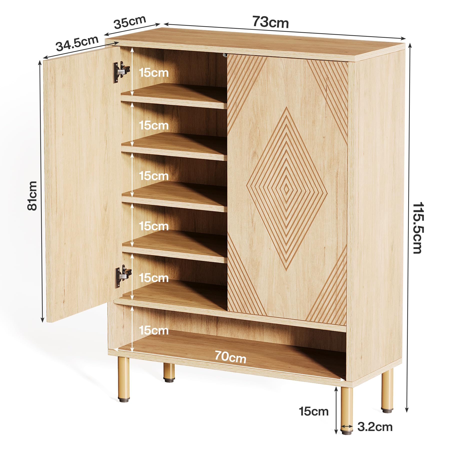 Tribesigns 7-stöckiger Schuhschrank, Schuhregal Schuhkommode mit 2 Türen, 24 Paar Bauernhaus-Schuhschrank mit verstellbaren Regalen,Holzregal Organizer für Eingangsbereich, Flur, Wohnzimmer(braun)