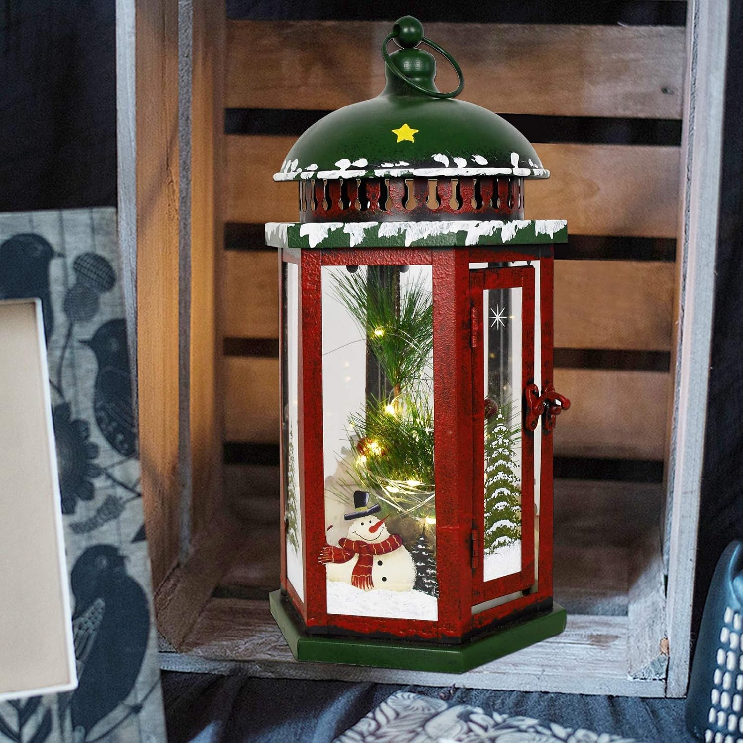 E-view Metal Christmas Lanterns with Led Lights - Snowman Decorative Hanging Lantern Indoor Outdoor Mini Xmas Home Decoration Iron Tabletop Centerpieces, Battery Operated (Not Included) (Snowman A)