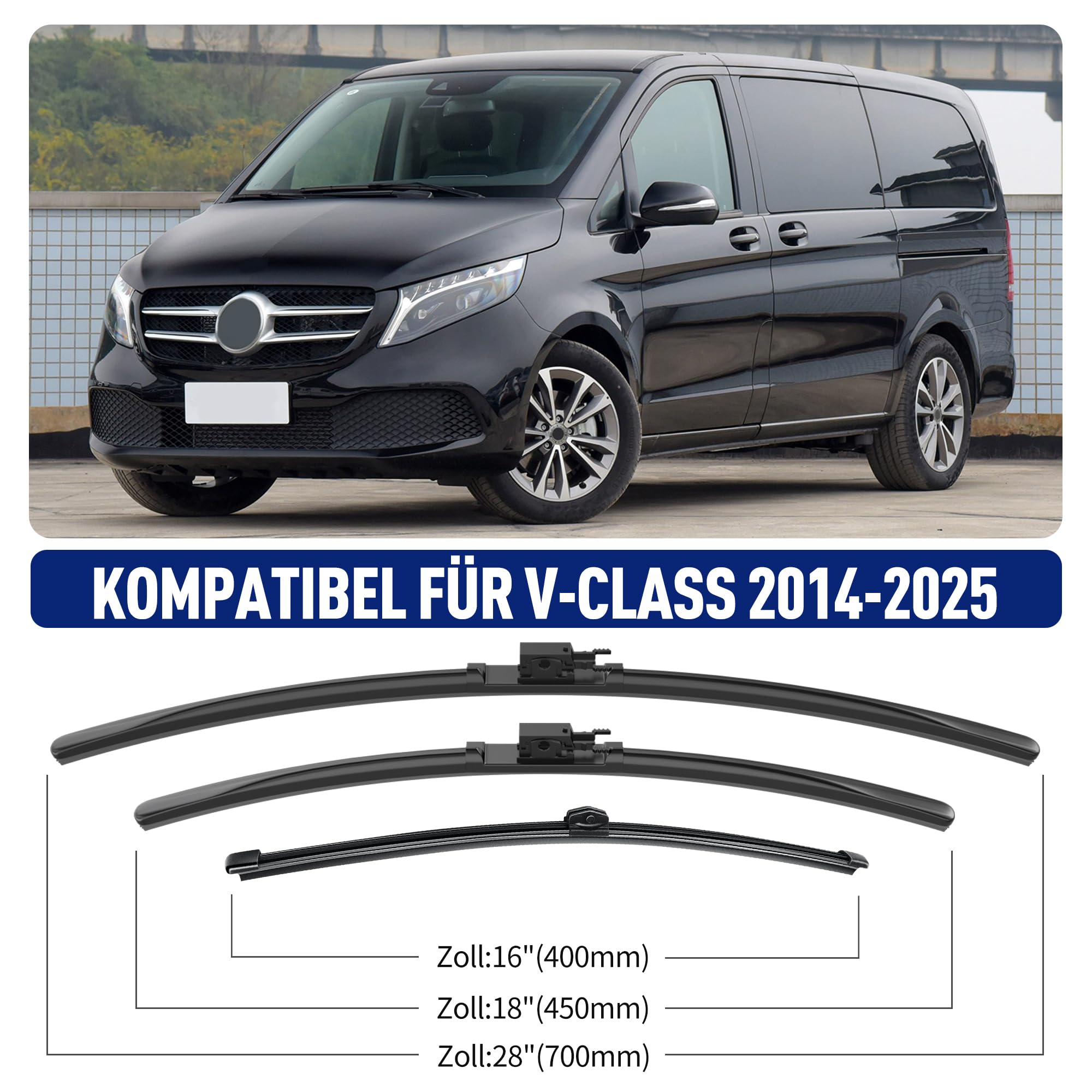 Scheibenwischer Set für Mercedes Benz V-Class W447 2014-2025 Vorne & Hinten | 2 Front + 1 Heck, Vordere Flachbalken-Wischer, Auto Scheibenwischer Frontscheibe und Heckwischer, Direkte Montage