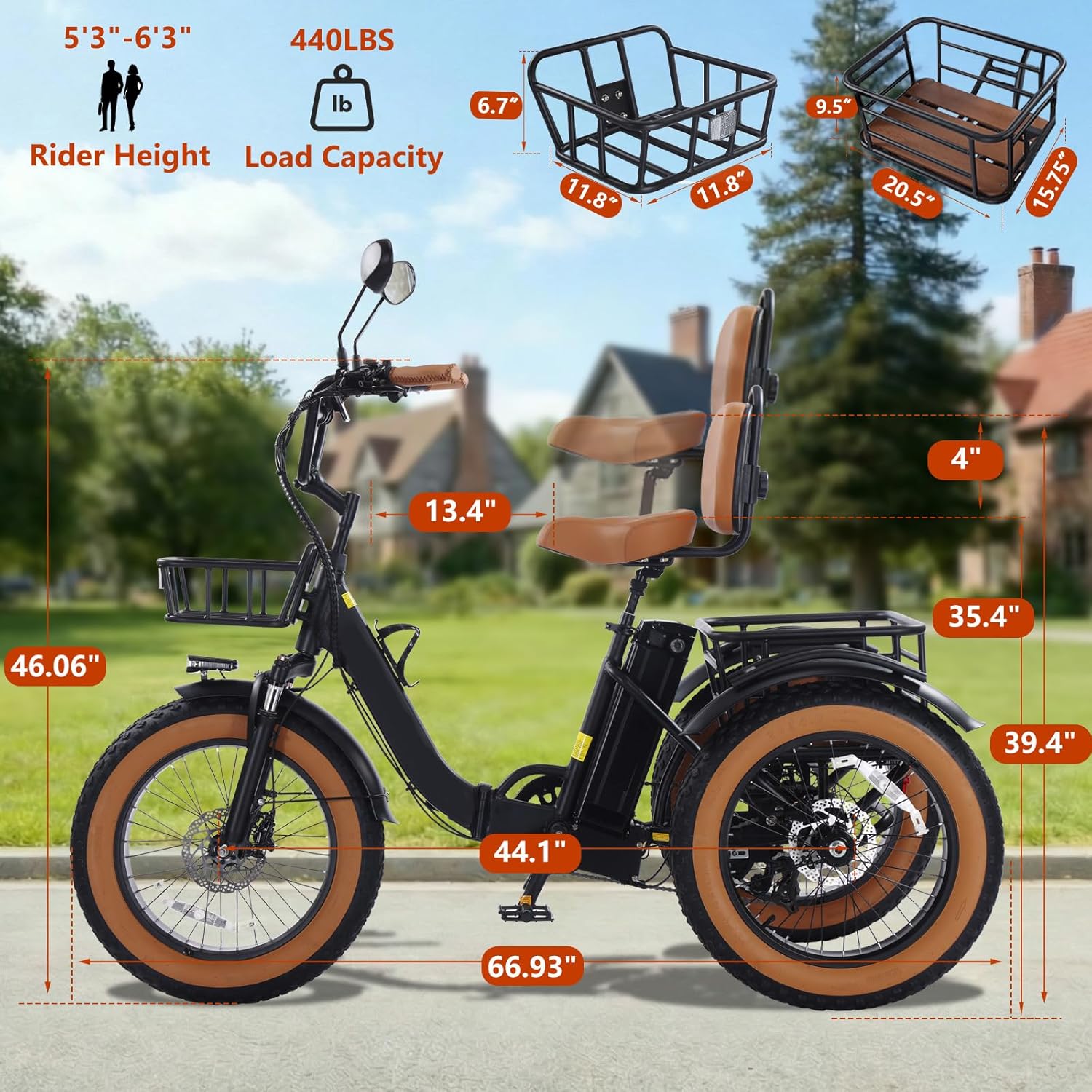 Electric Tricycle for Adults 750W(Peak 1350W) 48V15.6Ah Etrike 20"x4" Fat Tire Electric Trike 3-Wheel Aluminum Alloy Folding Electric Tricycle Max 25MPH Front & Rear Basket & Differential