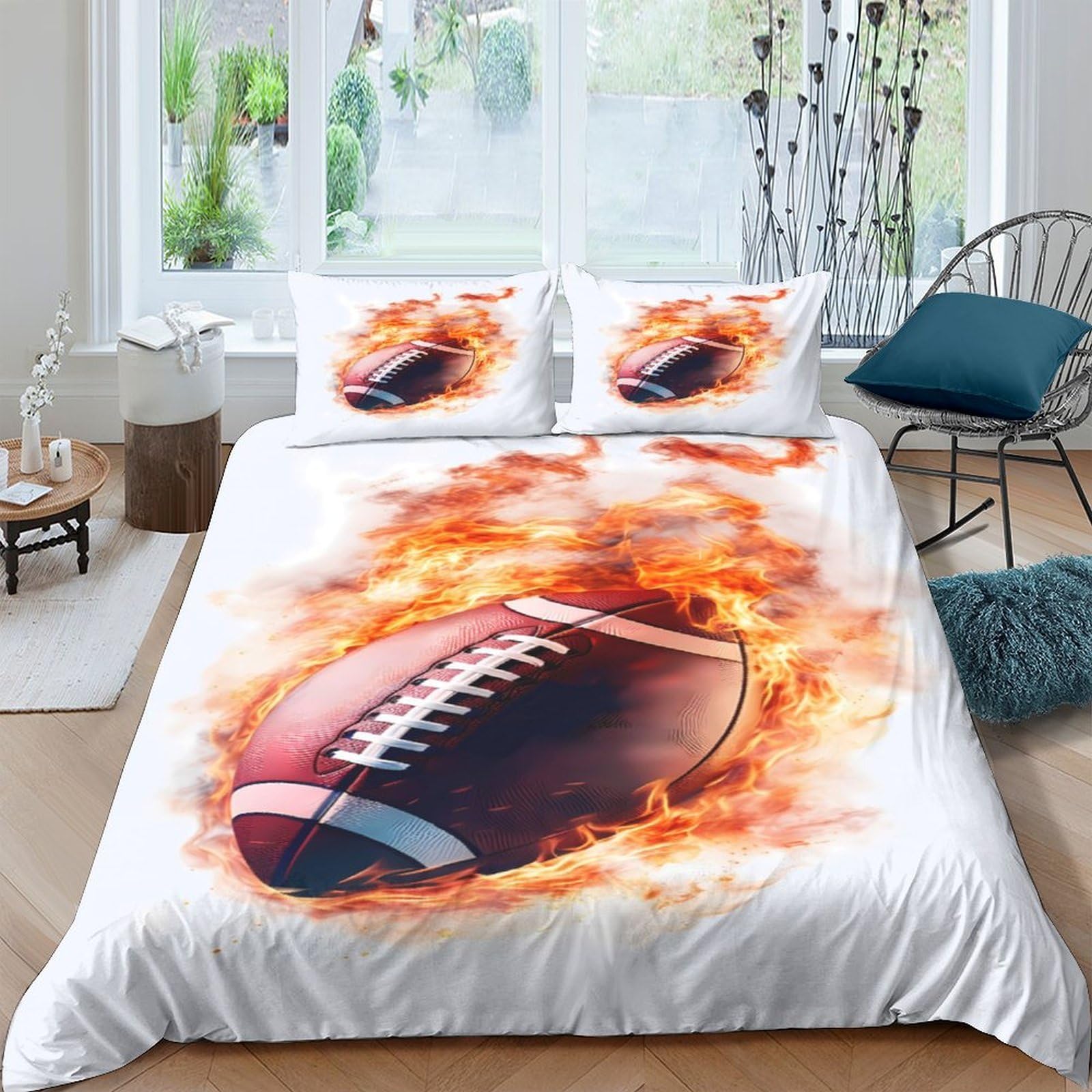 Ctjqhvkz Style-10 3D Printed Flaming Football Fitted Sheet Microfiber Soft Breathable Fire Ball Mattress Cover For Bedroom Guest Room Decor Single（135X200cm）