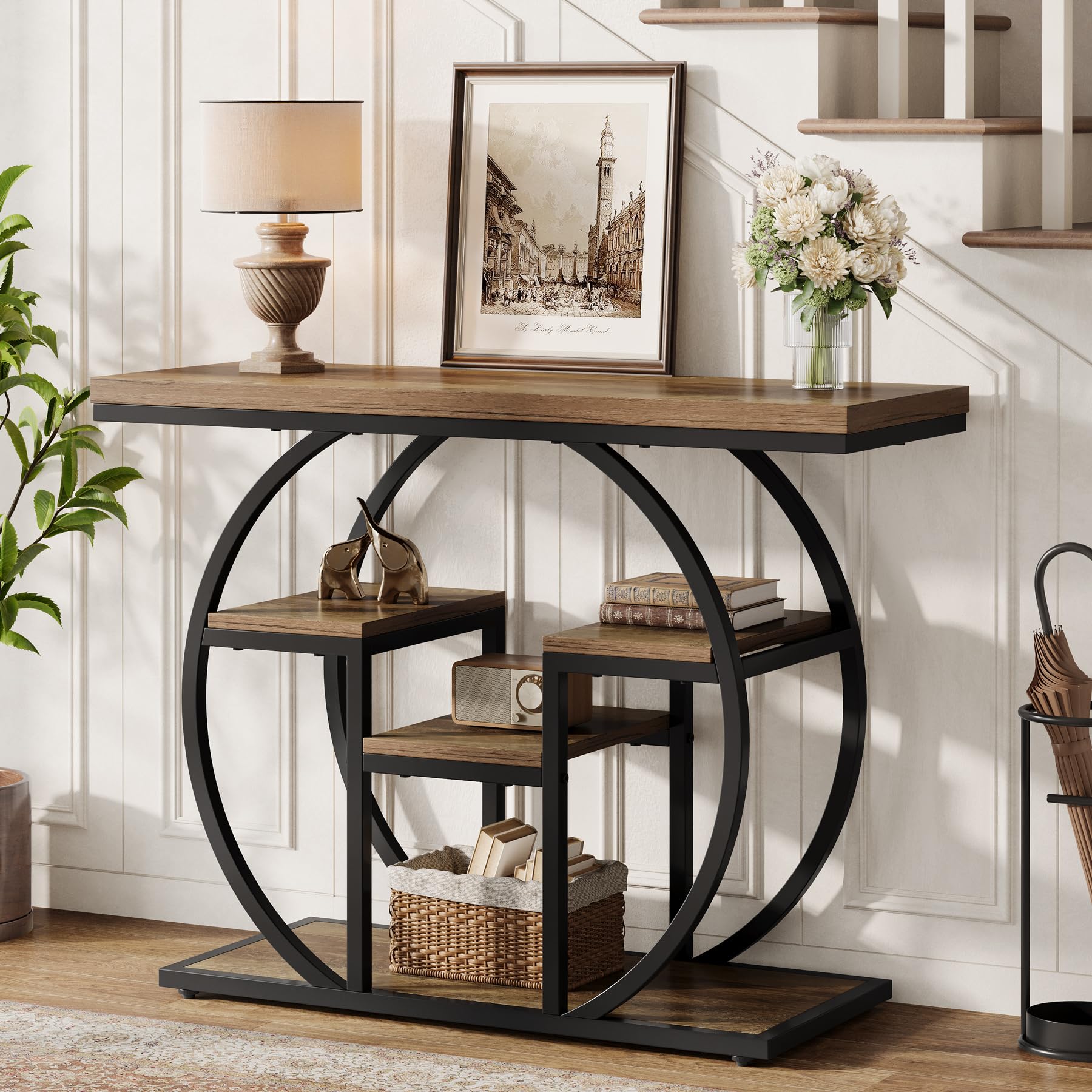 Tribesigns Console 105 cm, table de canapé industrielle avec base circulaire, tables d'appoint étroites avec étagères de rangement pour salon, couloir, foyer, marron