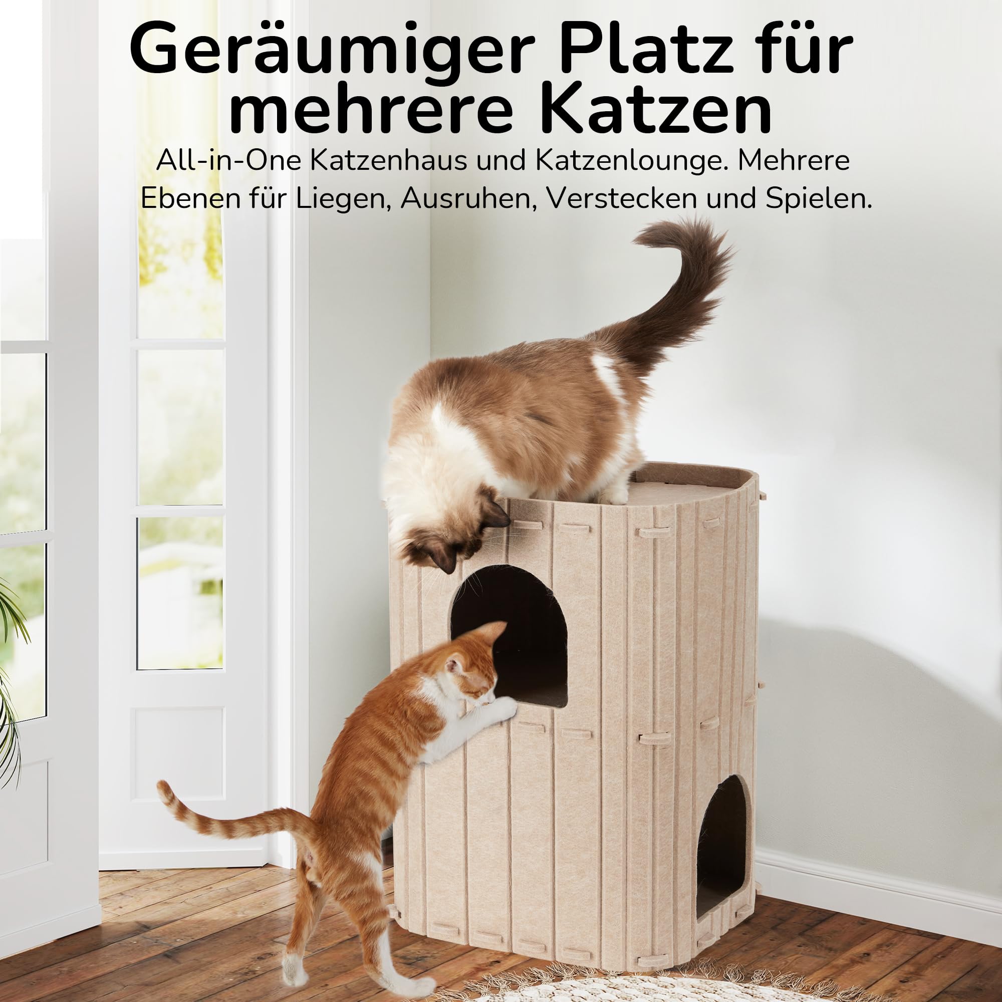 FUKUMARU Katzenhöhle,Stabile Katzenhöhle aus hochwertigem Filz，Katzenhaus Indoor 3 Schicht Katzenbett ，Katzen Höhle zum Schlafen, Spielen und Verstecken，Filzhöhle beige，45 x 37 x 60cm，Groß