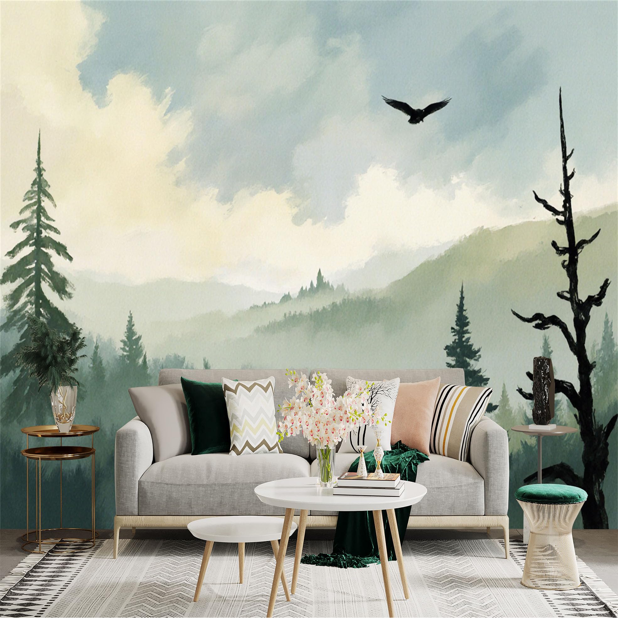 Custom Size Wall Sticker Mural， Misty Forest Landscape with Mountains， Flying Bird and Pine Trees， for wall Decoration， peelandstick wall Decals.