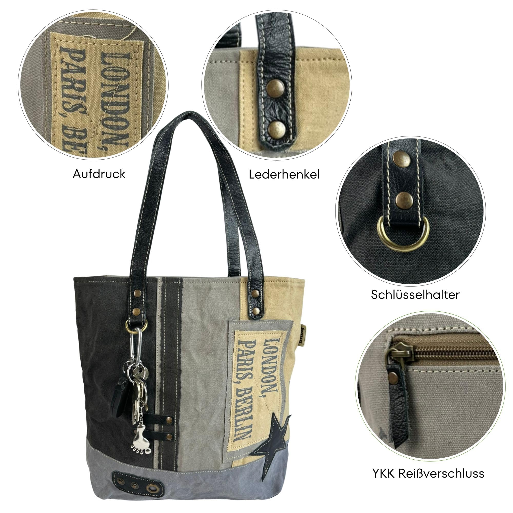Sunsa Damen Handtasche. Große Shopper in Vintage Retro Stil mit Stern.