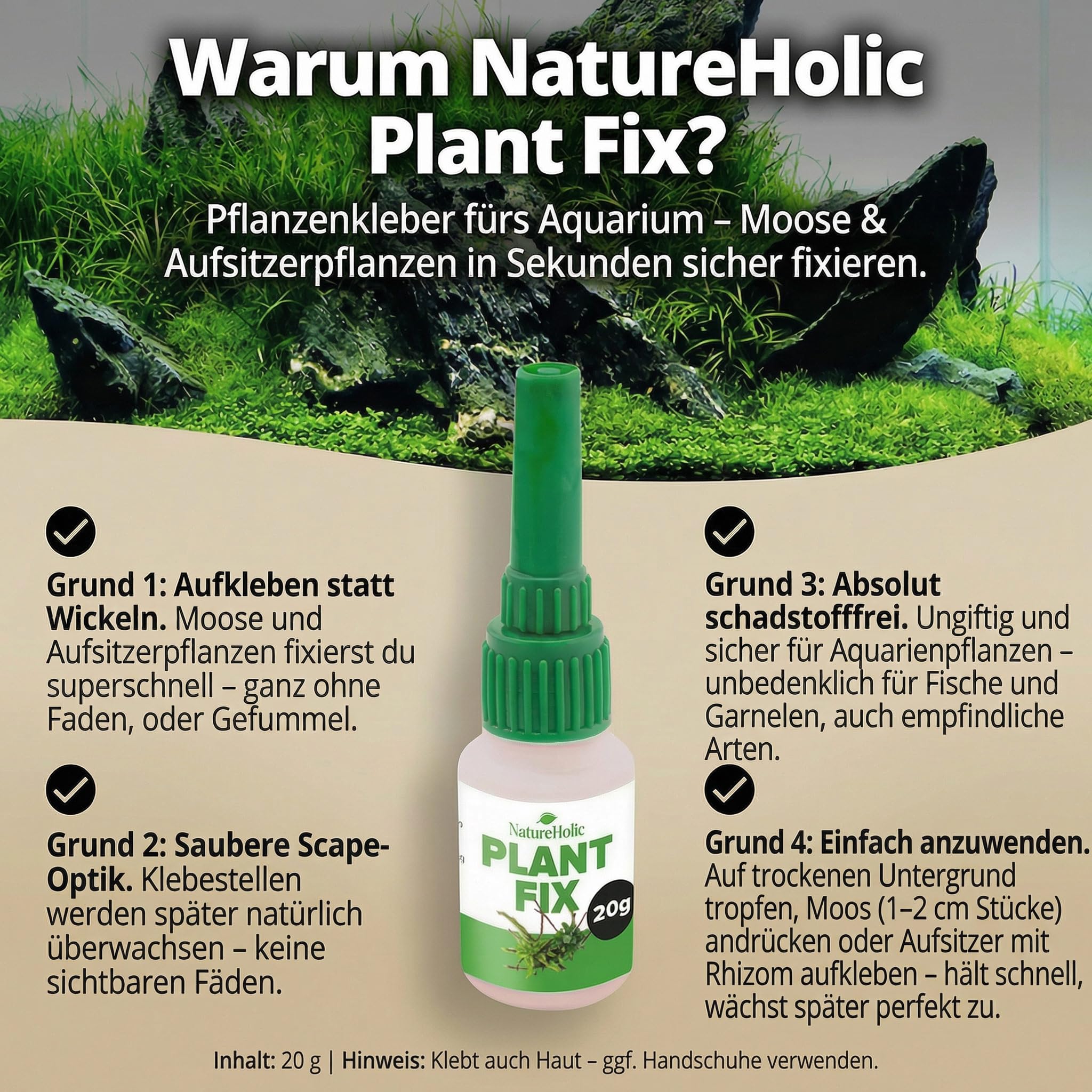 NatureHolic - Colle pour Plantes I Garantie Non Toxique I Parfaite pour Les Plantes érigées I réagit Lentement I adaptée à la méthode du Coton I inoffensive pour Tous Les Animaux d'aquarium I 20g