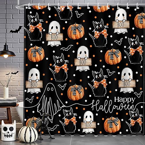Mocsicka Cortina de ducha de Halloween con dibujos animados, fantasma, lindo gato negro, calabaza, cortina de ducha de baño, cortina de ducha de