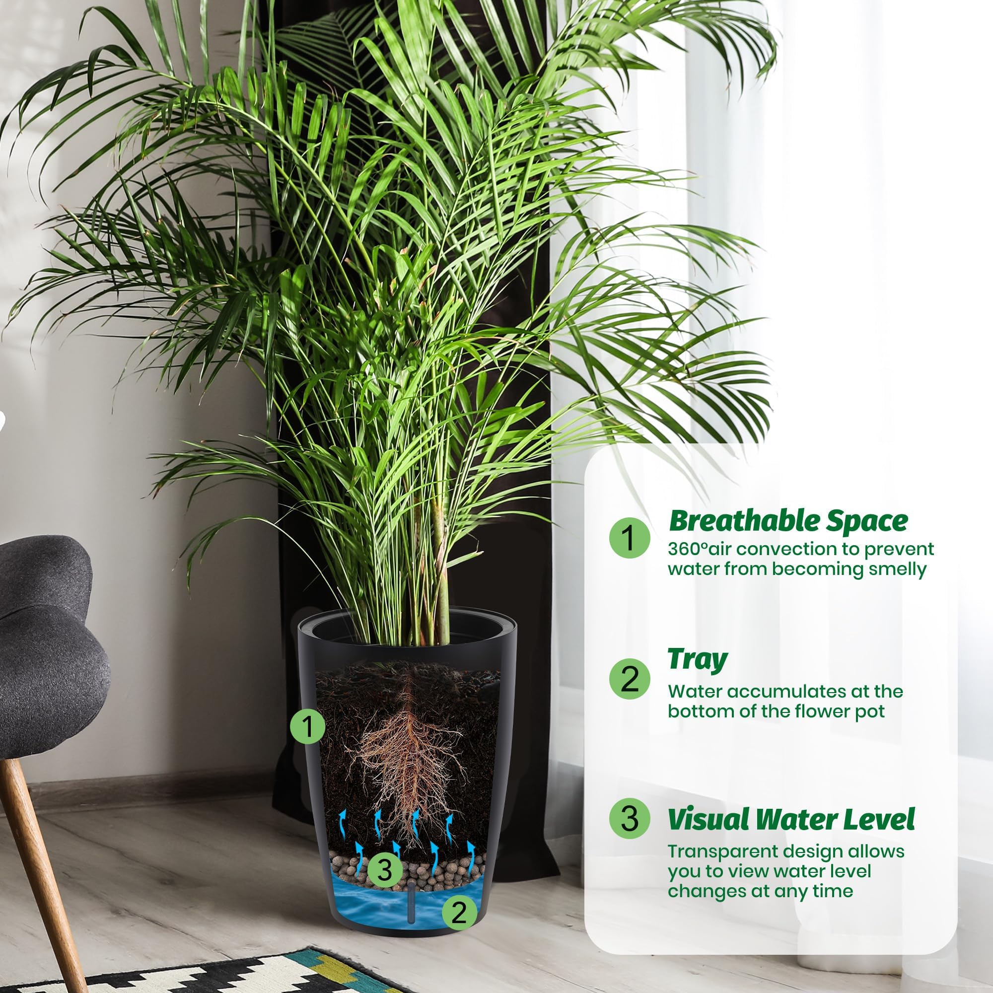 Lot De 2 Pots Hauts Auto-Arrosants Noir | Indicateur de niveau, drainage intégré, insert pratique, entretien minimal