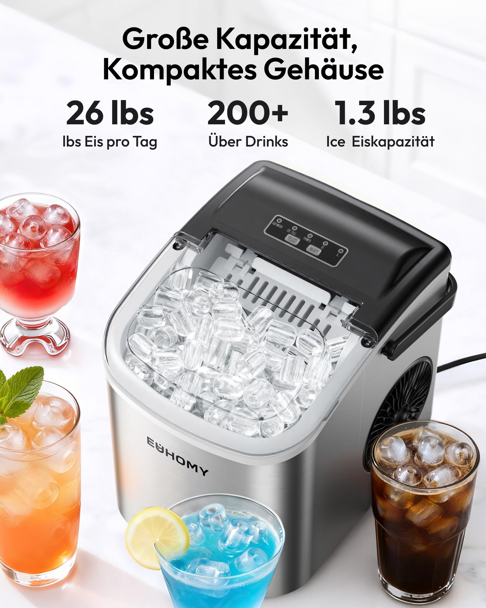 EUHOMY Eiswürfelmaschine Klein, 9 Eiswürfel in 6 Minuten, 12 kg/24H, Eiswürfelmaschine Edelstahl mit Tragbarem Griff, Selbstreinigender Kompakter Eiswürfelmaschinen für Zuhause/Küche/Büro/Bar