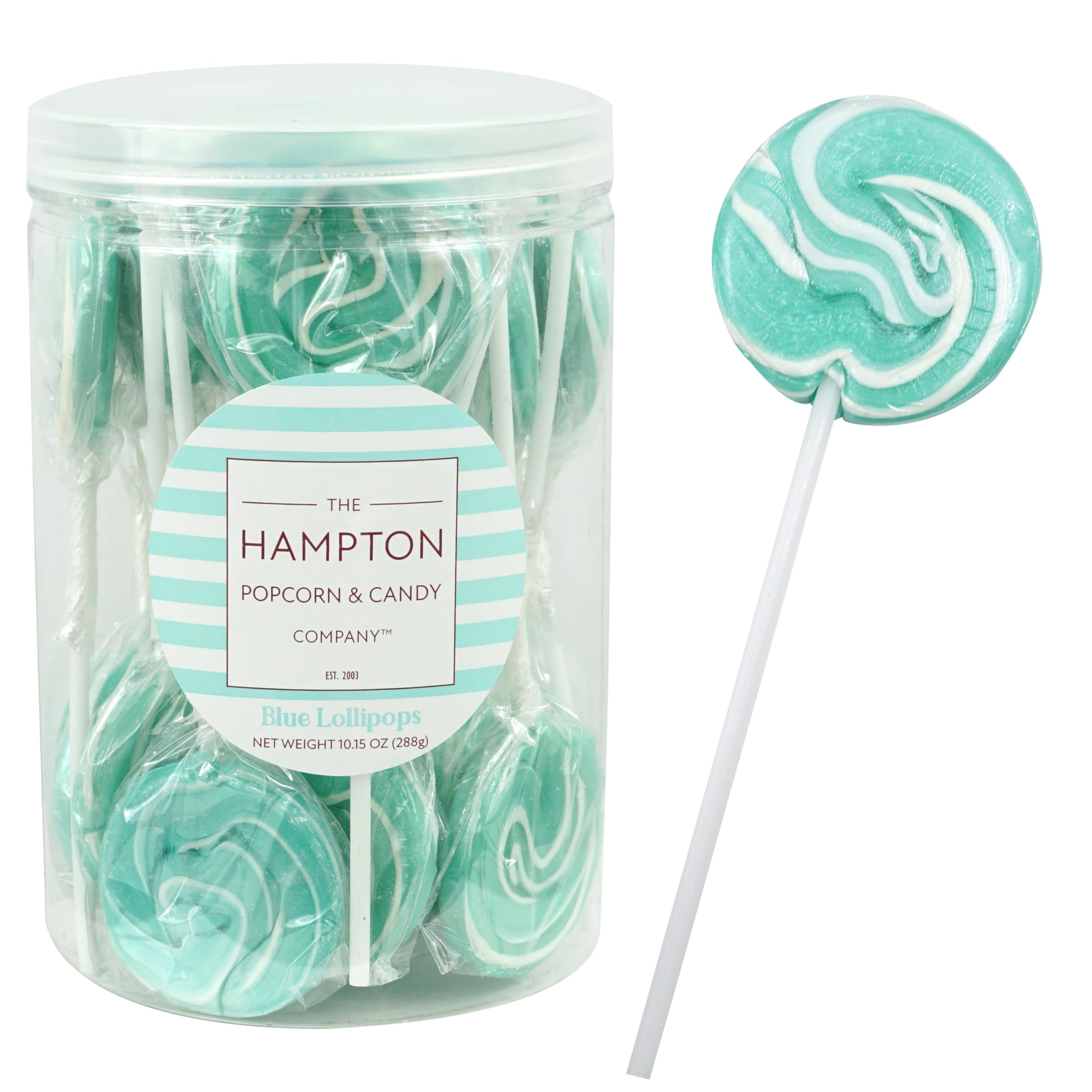 Aqua Light Blue Lollipops, 24 Pack, Blue Suckers, Blue Lollipops Individually Wrapped, Blue Lollipop Suckers Bulk, The Hampton Popcorn & Candy Company