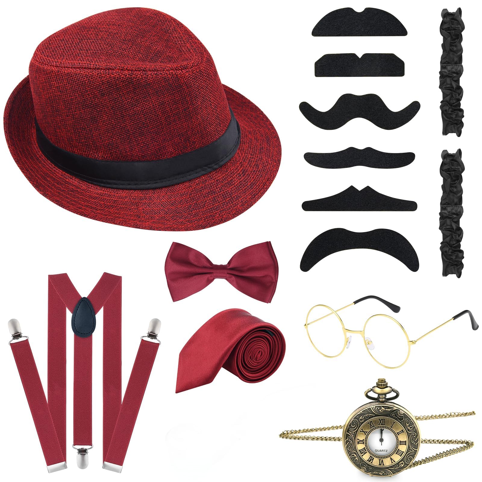 Tazweeq 10 Pieces 1920s Men Costume Accessories Set, Unisex, Roaring Retro Costume, Hat, Bow Tie, Pocket Watch, Suspender