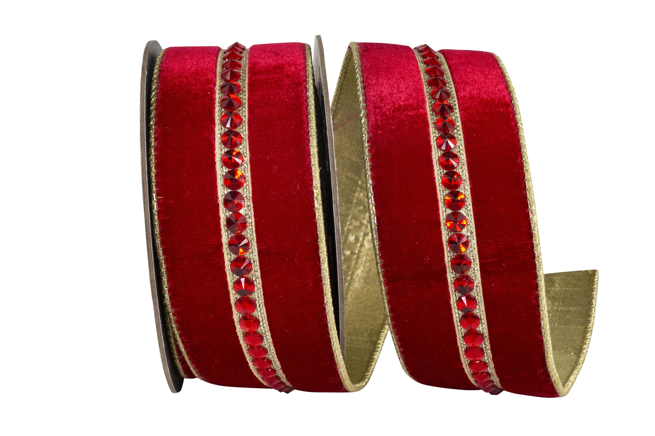 Reliant Ribbon Jeweled Center Plush Velvet Deluxe Metallic Dupioni Backed Wired Edge, Red, 2-1/2 Inch, 5 Yards