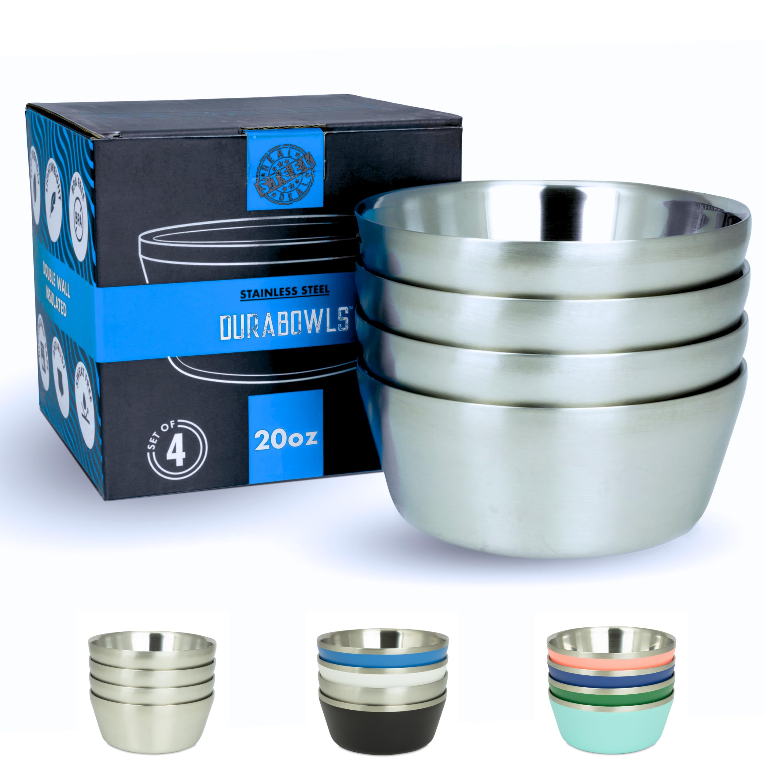 Stainless Steel Insulated Bowls for Kids and Adults - 20 Oz Double Wall Metal Bowls for Ice Cream, Soup, Cereal, Snack, Rice Dish, Camping Bowl (Stainless Steel)