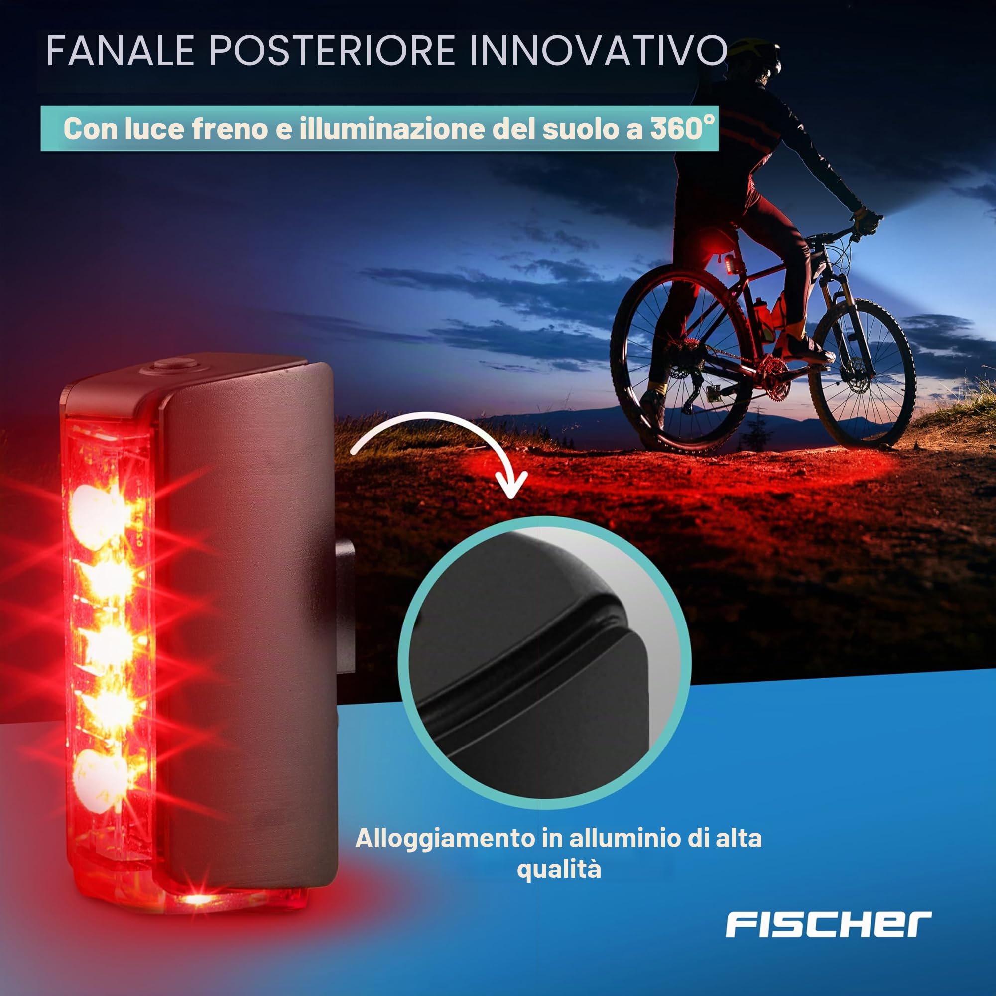 FISCHER Set di luci a LED per bicicletta Twin Stop 100 + 80 lux, con modalità sensore, lunga durata, alloggiamento in alluminio stabile, colore nero, 1 pezzo