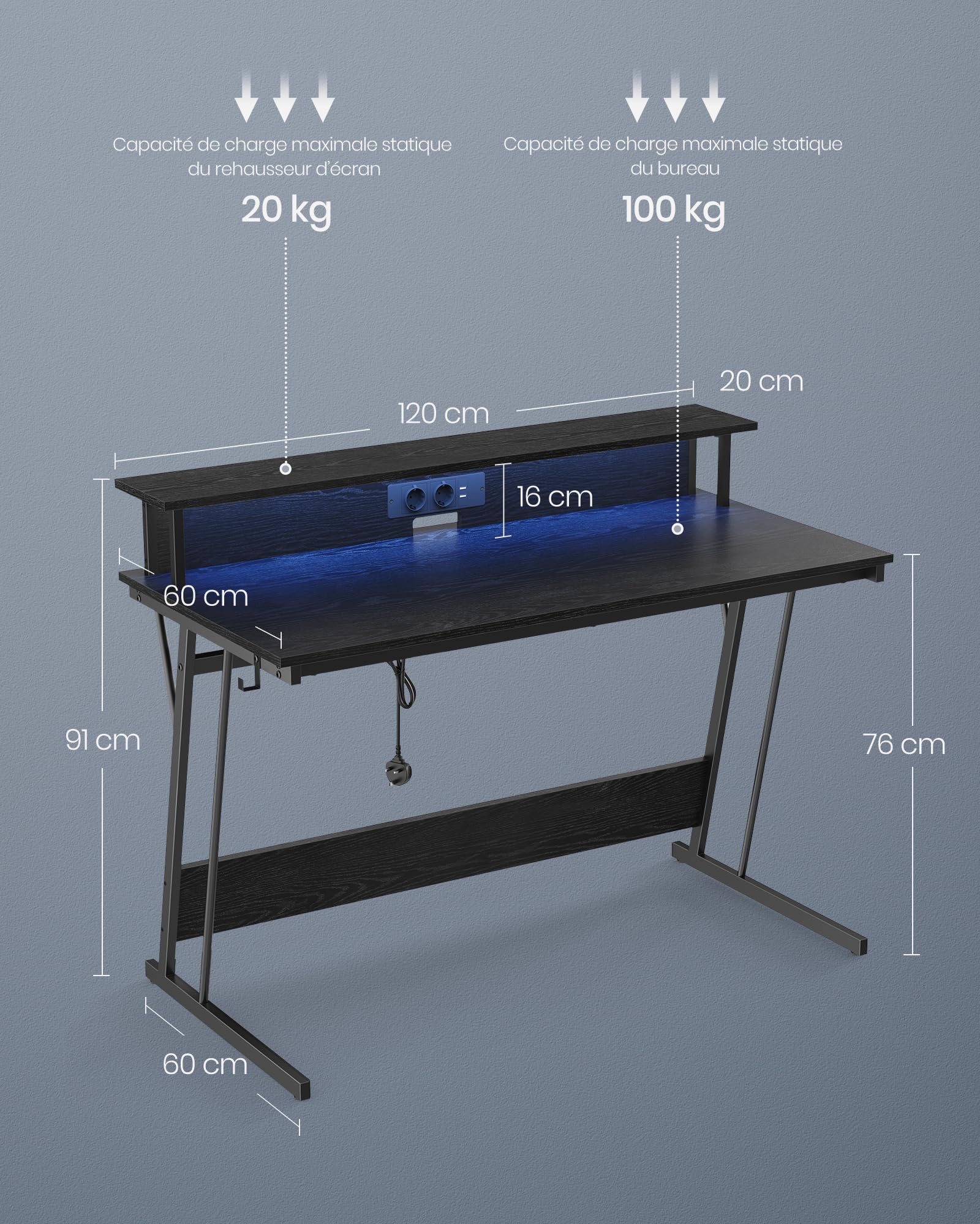 VASAGLE Bureau Gaming avec LED et Multiprise, Table Gamer, Bureau Informatique avec Rehausseur d’Écran, pour 2 Ordinateurs, pour Chambre, 60 x 120 x 76 cm, Noir Boisé LWD192B56