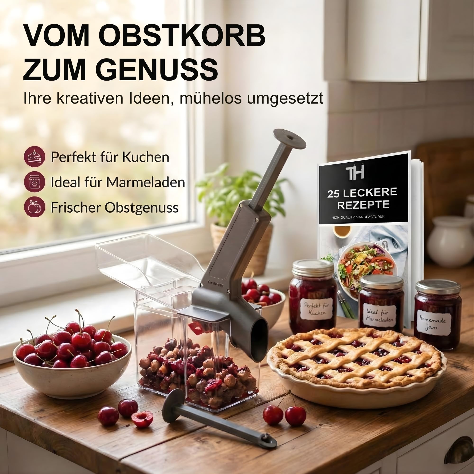 Thiru Premium Kirschentkerner (inkl. Verschleißteil) - hohe Entkernleistung - 100 Tage testen - frische, konservierte, tiefgekühlte Kirschen - mit Spritzschutz - inkl. 25 Rezepte - Made in Germany