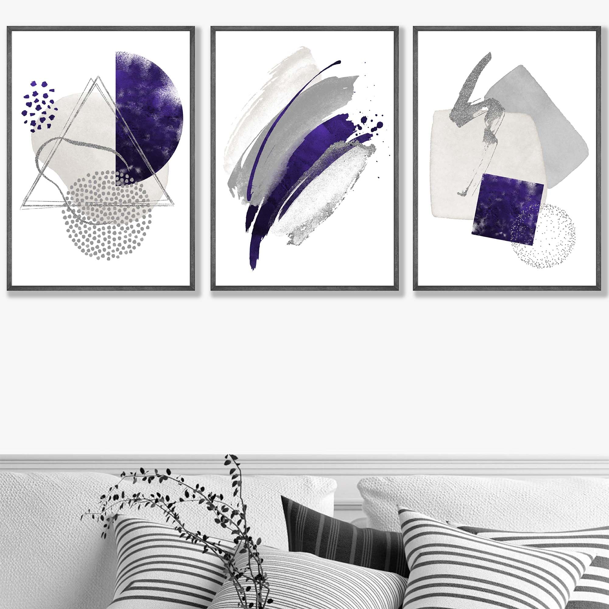 ARTZE Set of 3 Abstract Purple and Grey Wall Art Prints Only Size: (A3-29.7 x 42 cm), Purple / Grey, A3 - Prints Only