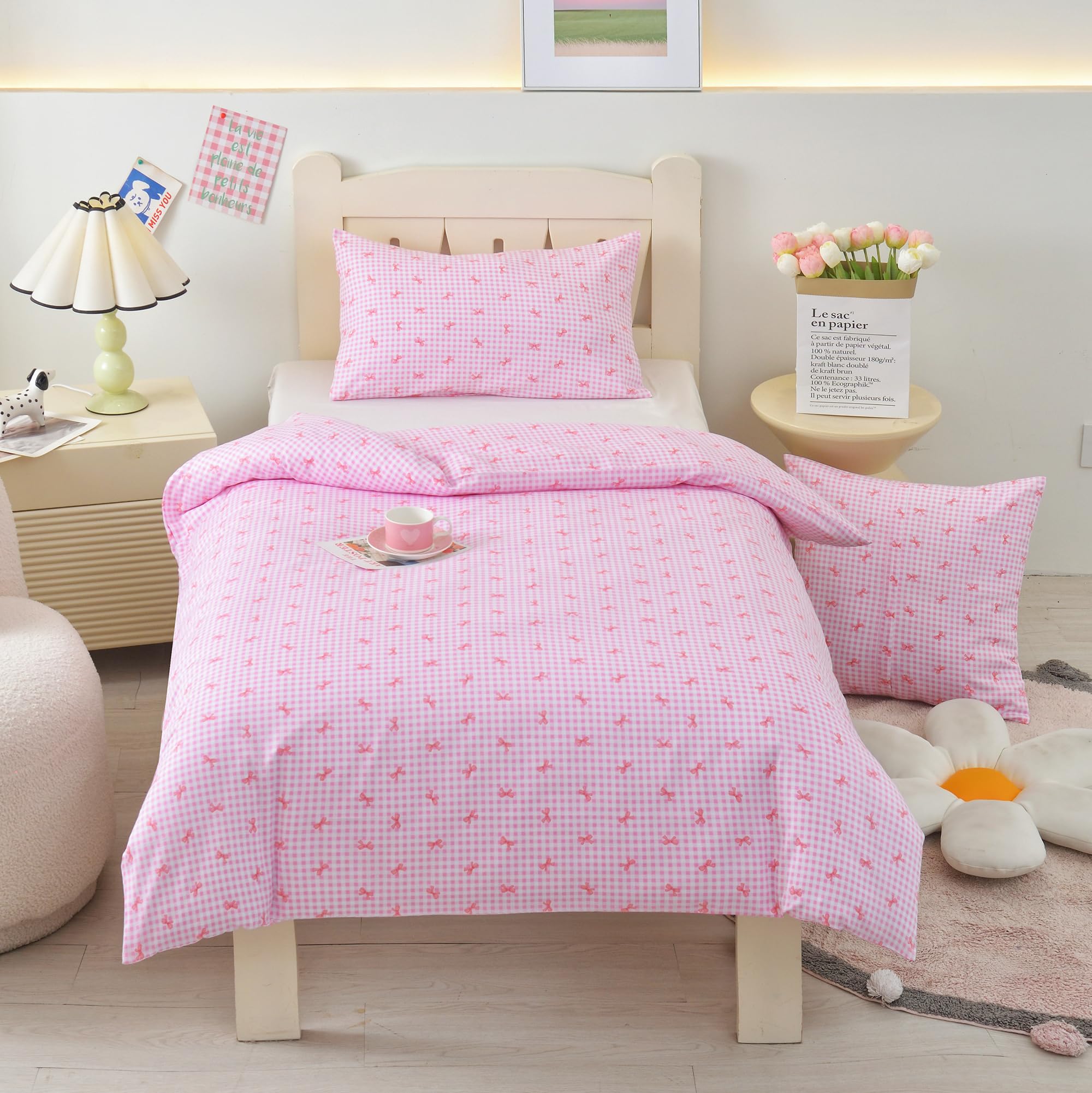 HMtideby Pink bowknot Toddler Kids Bedding Set for Girls Cot Bed Duvet Cover with Pillowcase, 2 pcs, 120 x 150 cm