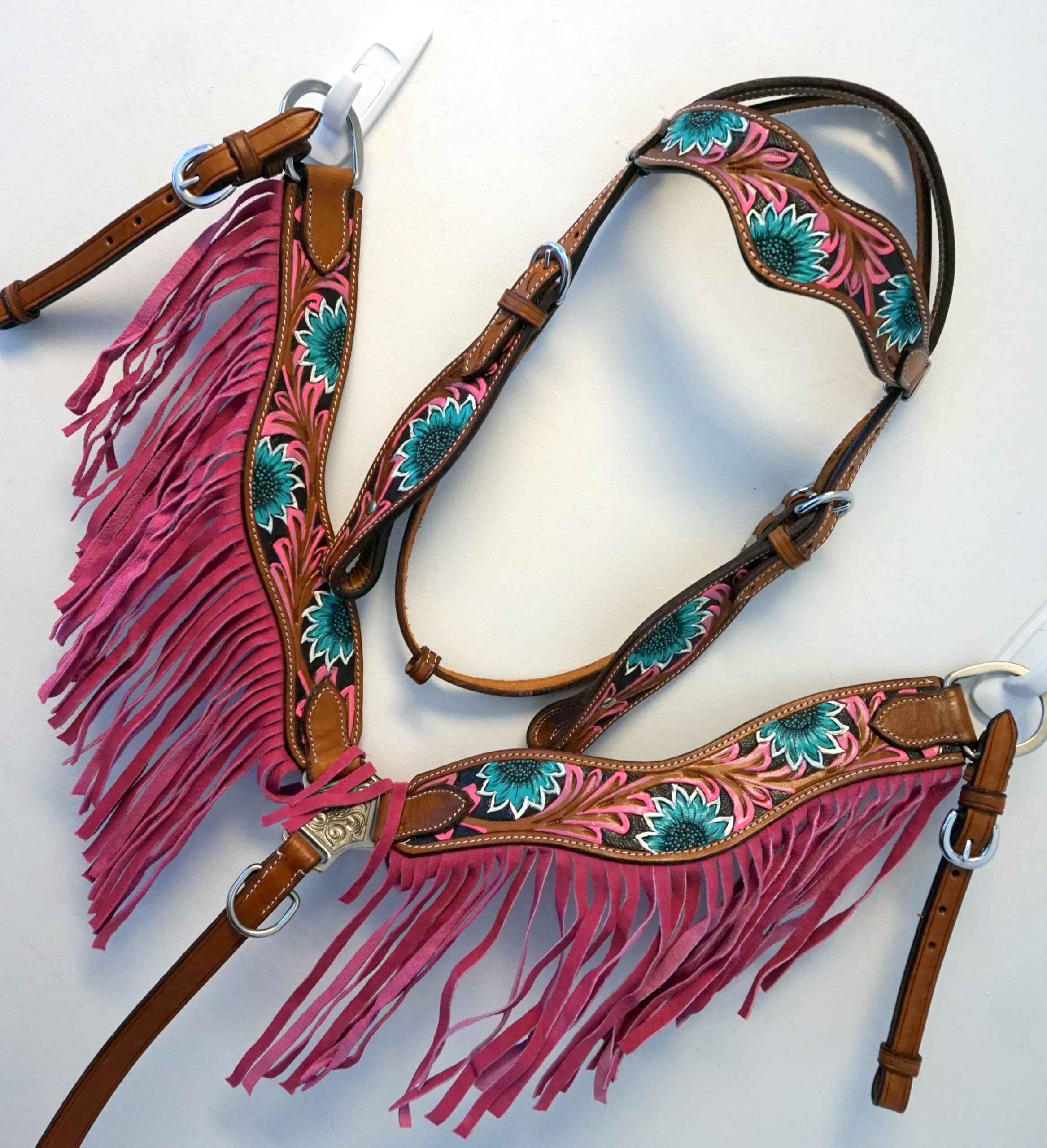Equitem Painted Flower Tooled Leather Headstall and Breast Collar Set with Fringe Detail (Pink Fringe, Horse)