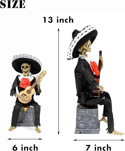 Miniatura 4 de FuinMer Decoraciones de Halloween, banda de mariachi animada, guitarrista de esqueleto en lápida con música, decoración de Halloween para casa