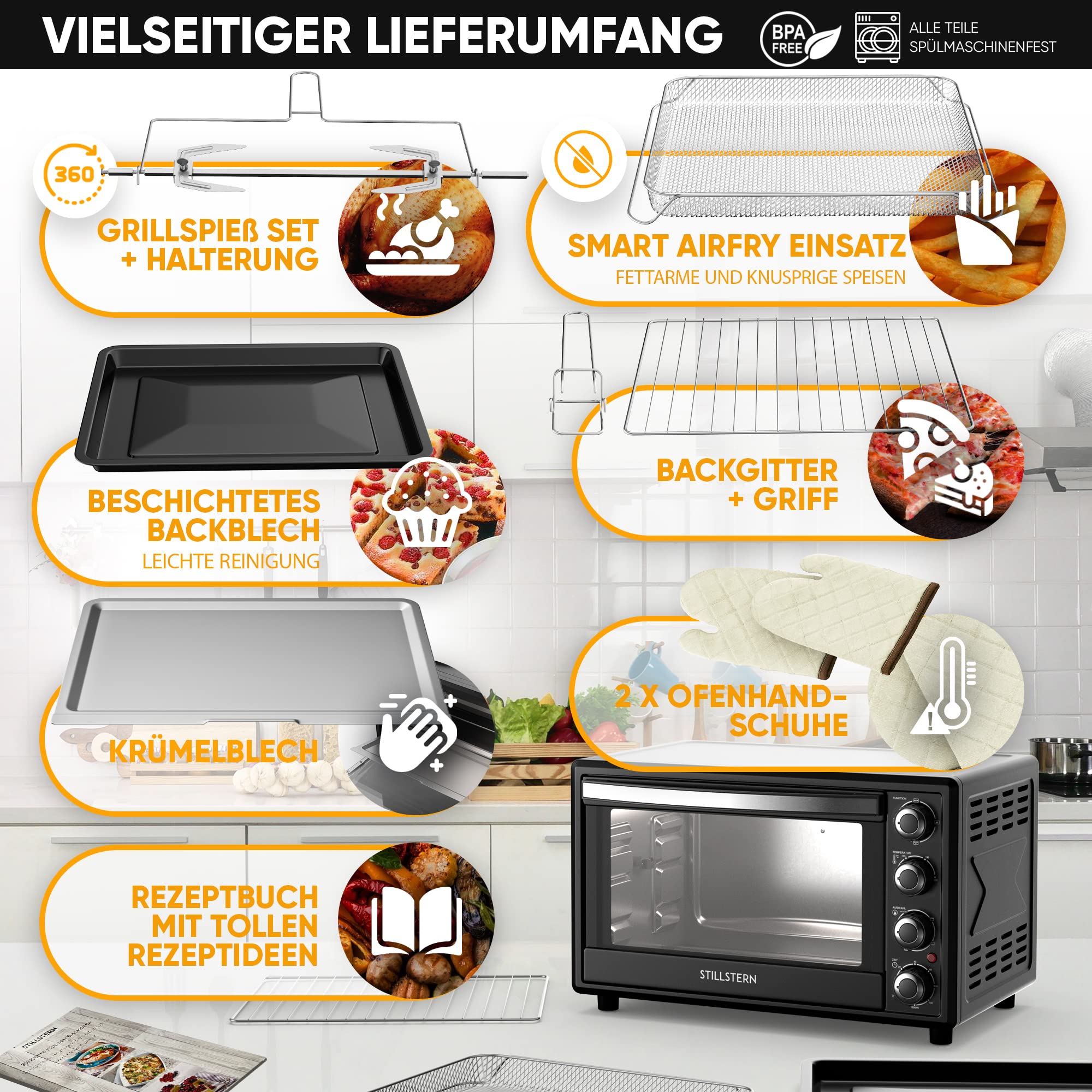 Stillstern Minibackofen mit Umluft 35L (DE Version) Pizza Ø28, CYCLONE PRO+ Antihaftbeschichtung, Auftauen, 2h Timer, Camping Mini Backofen Umluft Pizzaofen Mini Ofen klein Hähnchengrill mit Drehspieß