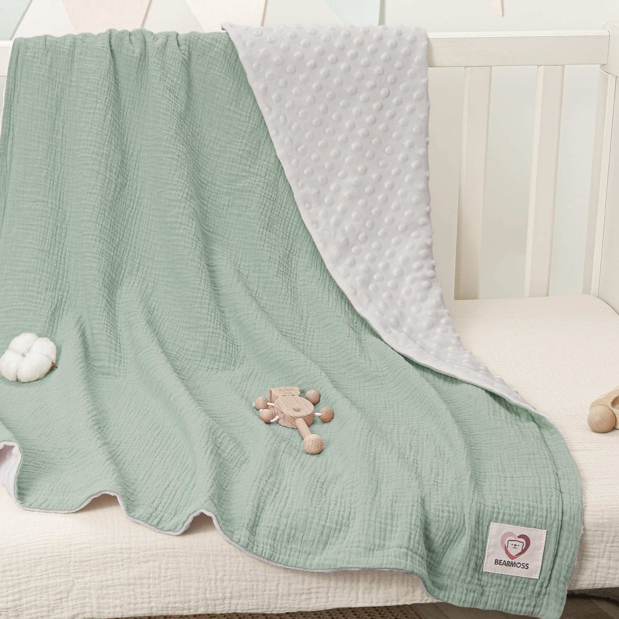 bearmoss Baby Blanket Soft Nursery Crib Blankets with Muslin Cotton Front and Dotted Fleece Back for Unisex Baby Girls Boys Newborns Toddlers 76x100cm (Sage Green) - Image 4