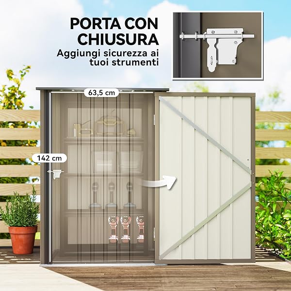 Outsunny Casetta da Giardino 0.92m² in Acciaio Zincato, Capanno Porta Attrezzi con Porta Battente Bloccabile, Tetto Inclinato, 100x104x160 cm, Marrone e Grigio Scuro - 4