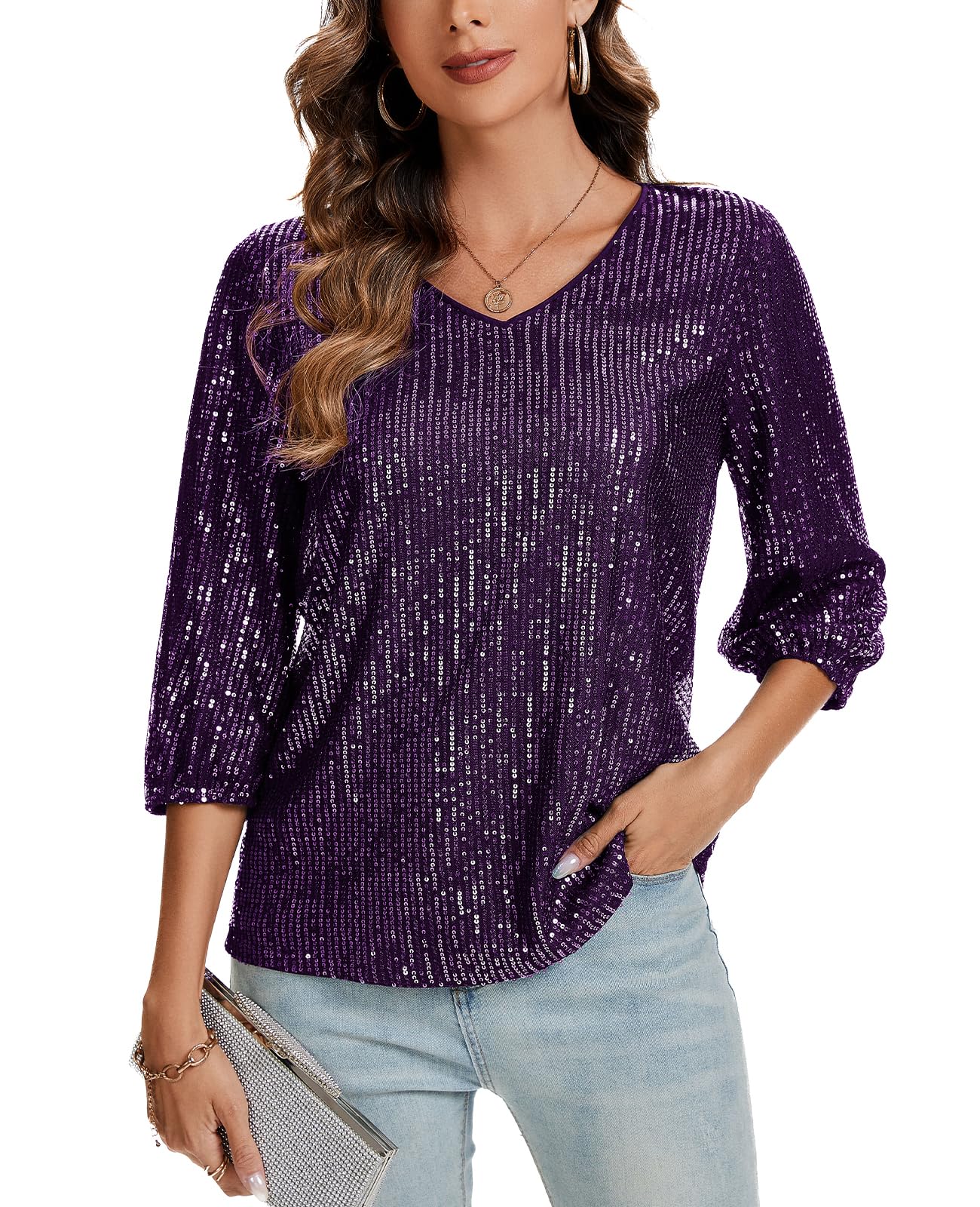 Damen Pailletten Glitzer Tops Oberteil 3/4 Ärmel V-Ausschnitt T-Shirt Bluse Lose Freizeit Party Festival Club