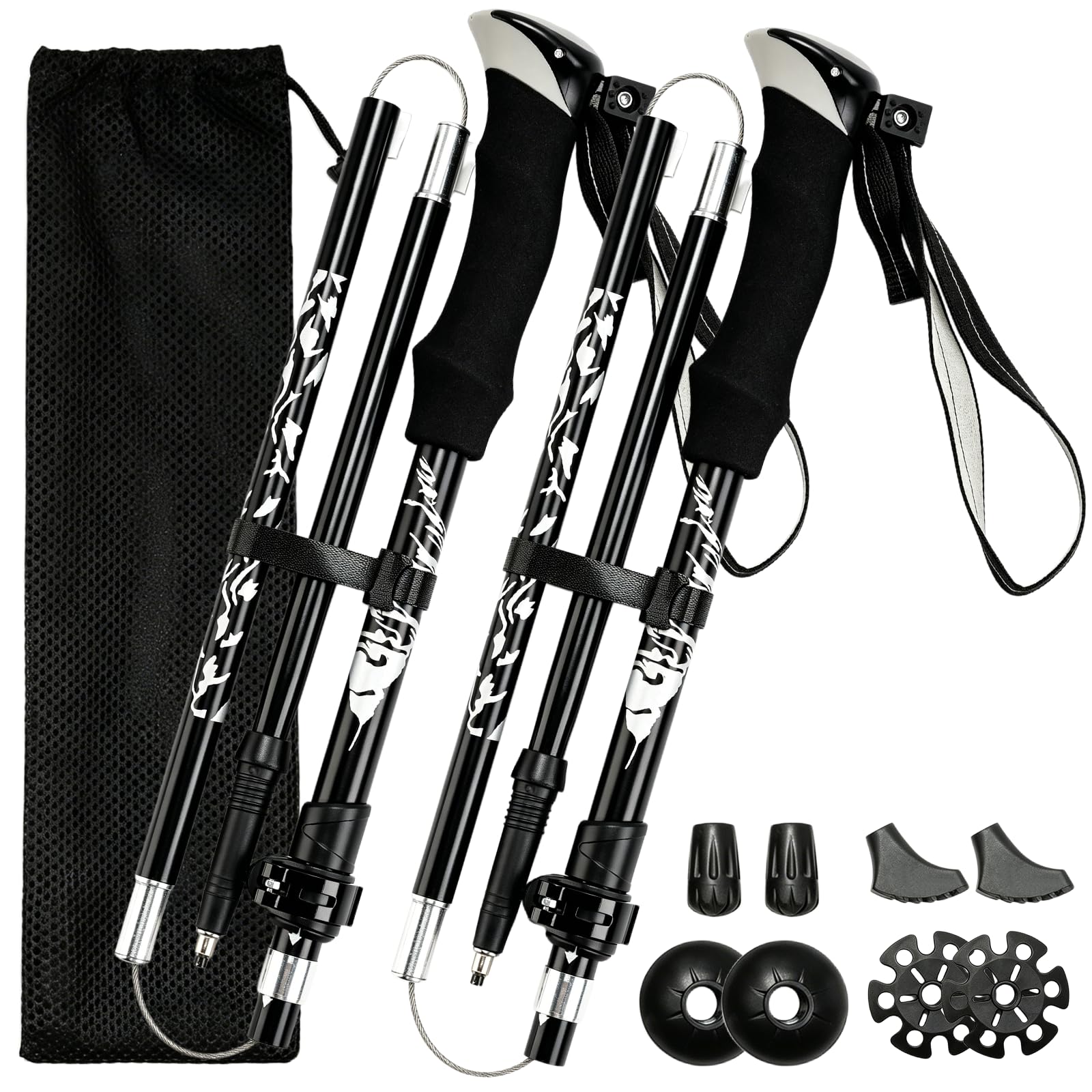VINATO Bâtons de Randonnée Télescopiques, 2 Paire, Bâtons de Marche Nordic Léger en Alliage, avec Sac de Transport & Accessoires, pour Trekking, Randonnée, Noir