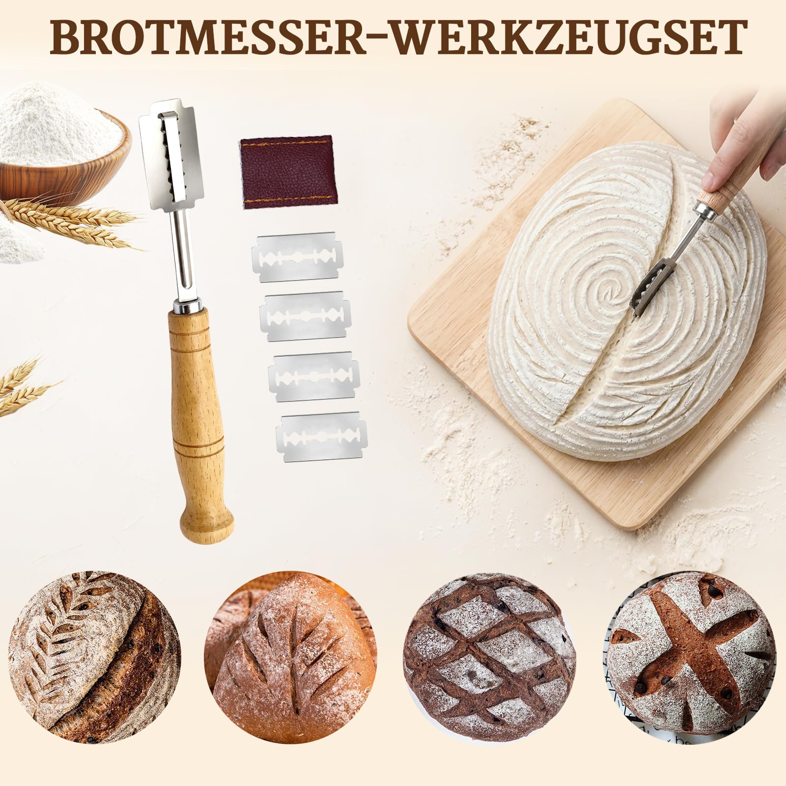 Banneton Pour Pain, Kit Boulangerie Levain, Corbeille a Pain en Rotin Naturel, Kit boulangerie avec Lame Boulanger, Panier Fermentation Pain set Adapté aux DéButants et Professionnels